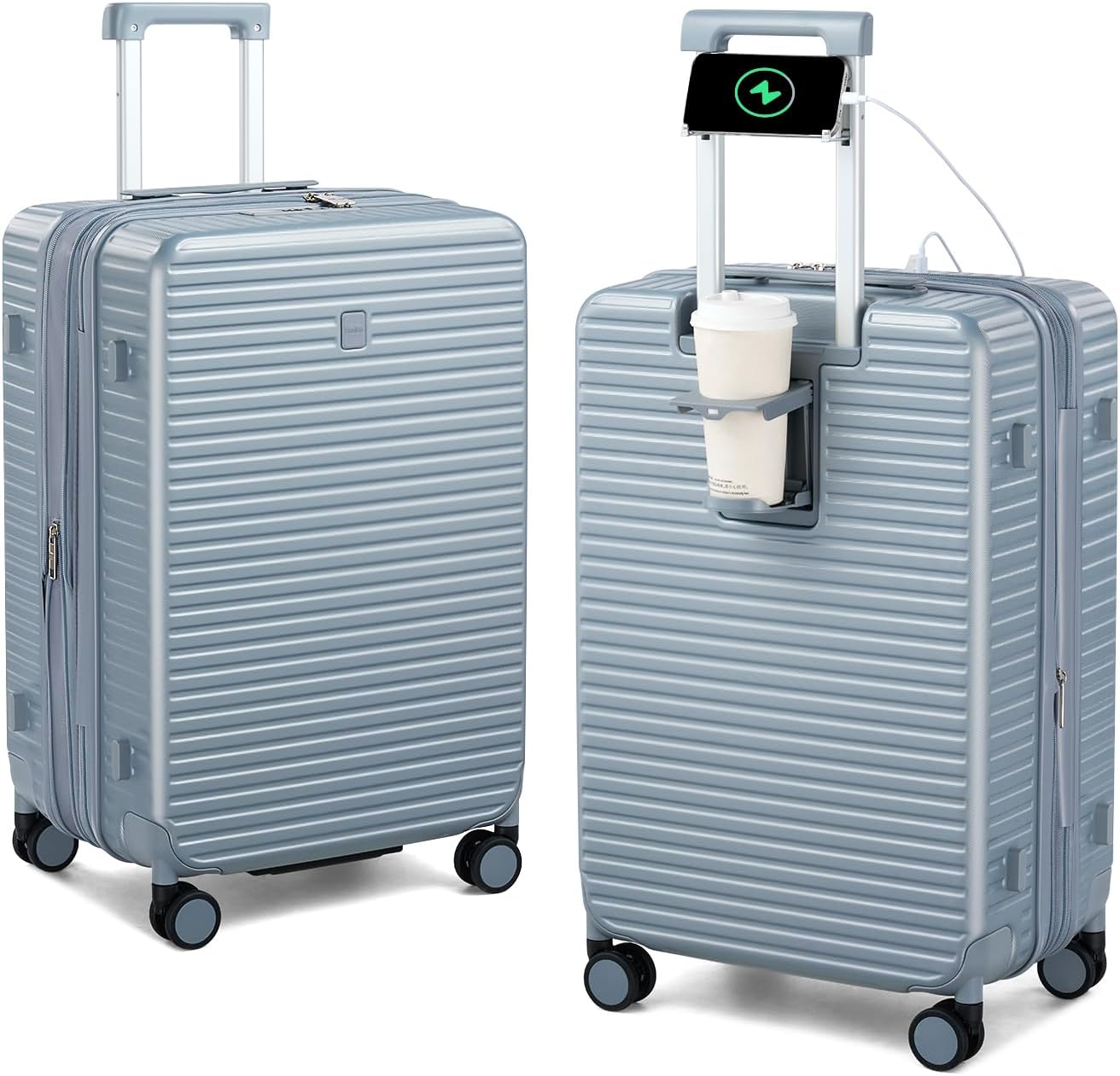 HanTrip Hard Shell Suitcases 24 Inch Check in Luggage with Spinner Wheels, Expandable Travel Luggage with Cup Holder Charger Built in, Checked Medium Suitcase Lightweight Suitcases, Silver