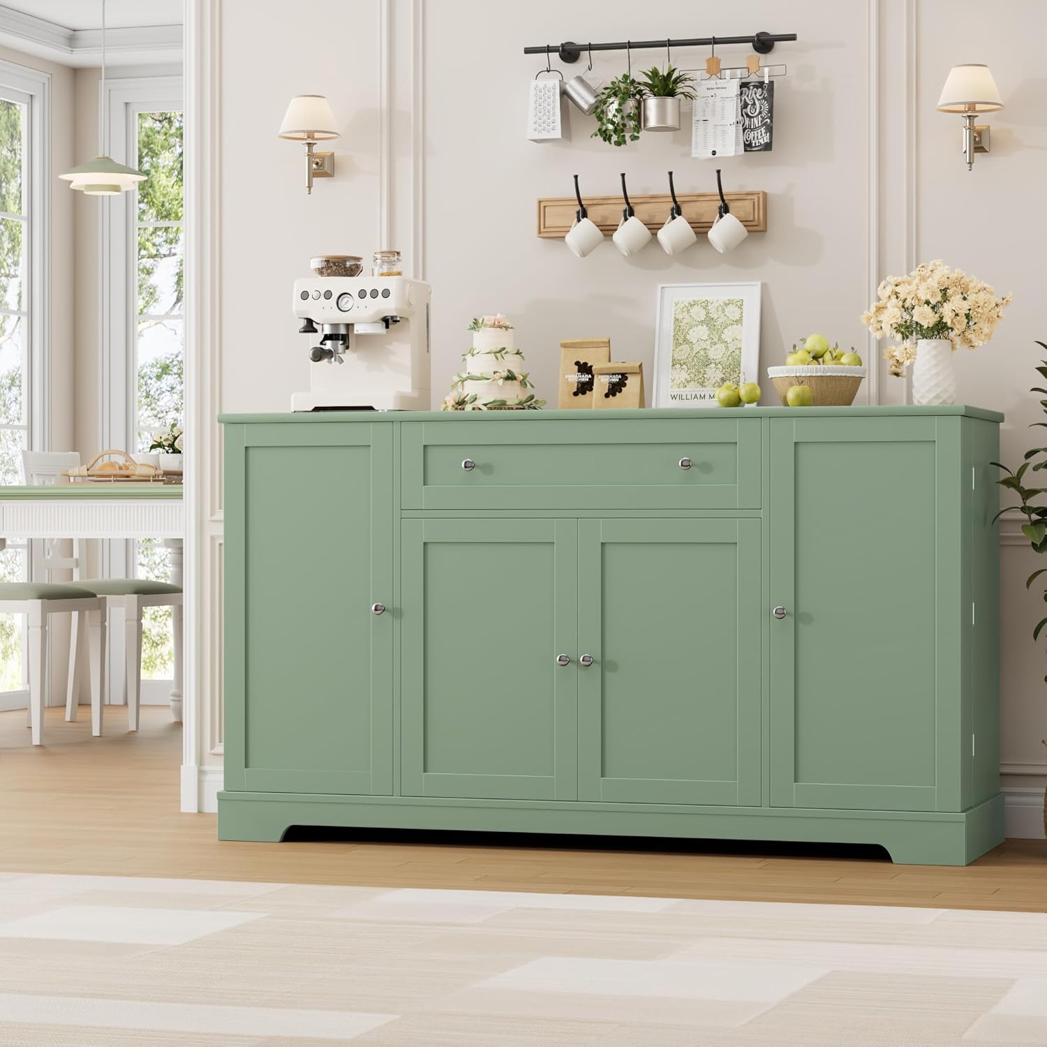 HITHOS 54' Buffet Cabinet with Storage, Modern Kitchen Buffet Sideboard with Drawer, Wood Coffee Bar Station with Adjustable Shelves, Kitchen Storage Cabinet for Living Room, Green