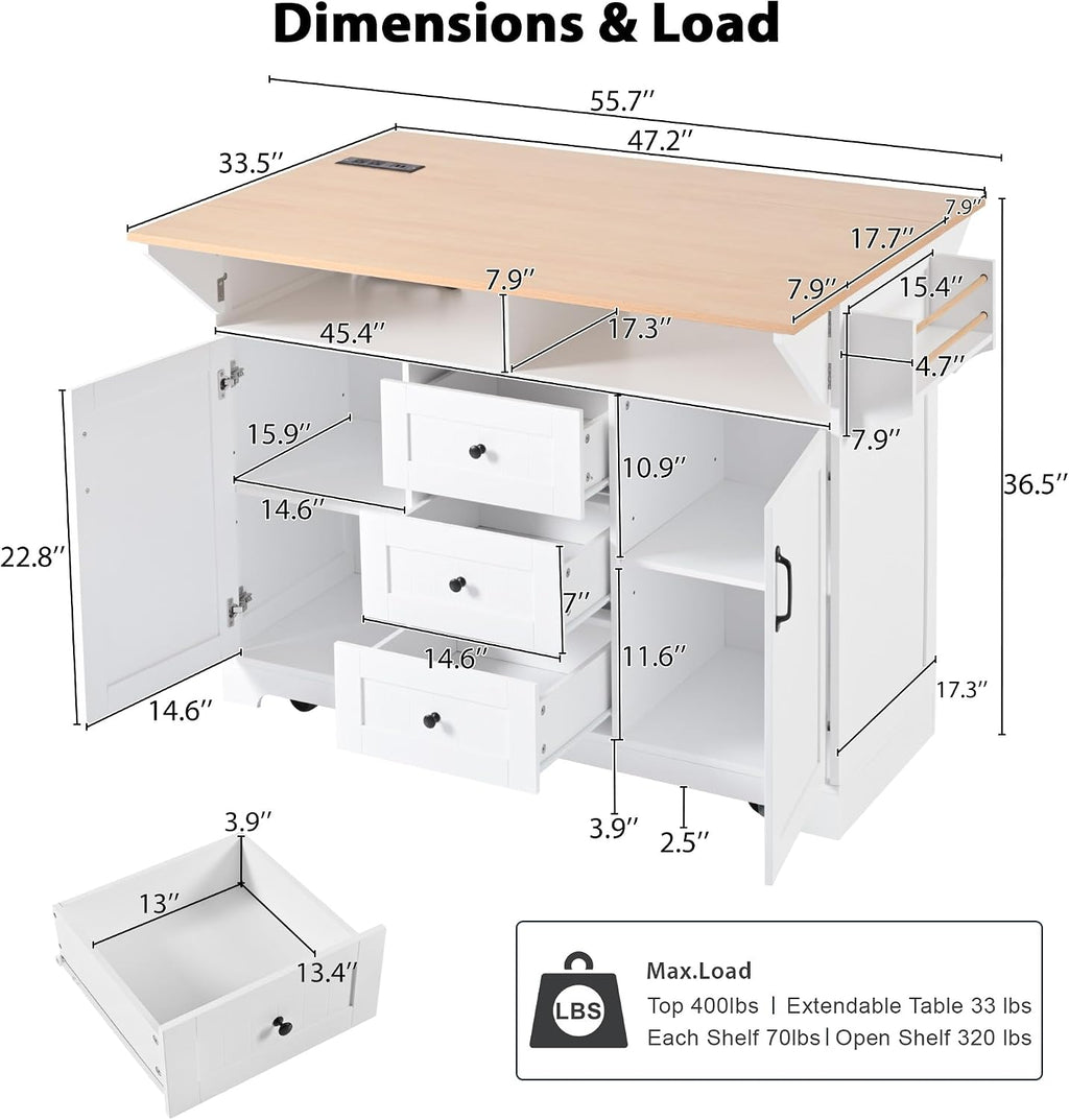 Modern Large Kitchen Island with 2 Drop Leaf, Rolling Kitchen Cart on 5 Wheels with Power Outlet, Folding Storage Dining Table for Kitchen, Dining Room (White/Folding)