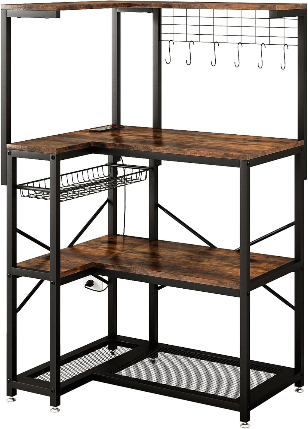 L-Shaped Bakers Rack with Power Outlet,4-Tier Corner Microwave Stand with Storage,Coffee Bar Station with 6 Hooks, Kitchen Shelf with 2 Installation Methods,for Living Room,Office,Rustic Brown