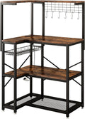 L-Shaped Bakers Rack with Power Outlet,4-Tier Corner Microwave Stand with Storage,Coffee Bar Station with 6 Hooks, Kitchen Shelf with 2 Installation Methods,for Living Room,Office,Rustic Brown