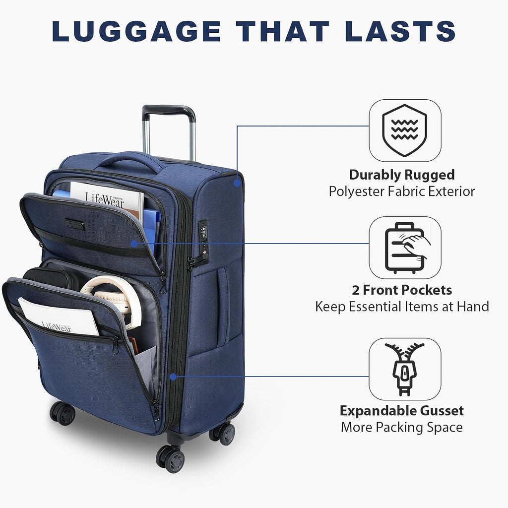 KROSER Softside Expandable checked Luggage with Front Business Pockets，24 Inch Suitcases with Spinner Wheels & Built-in TSA Lock, Durable Suitcase Rolling Luggage, Navy