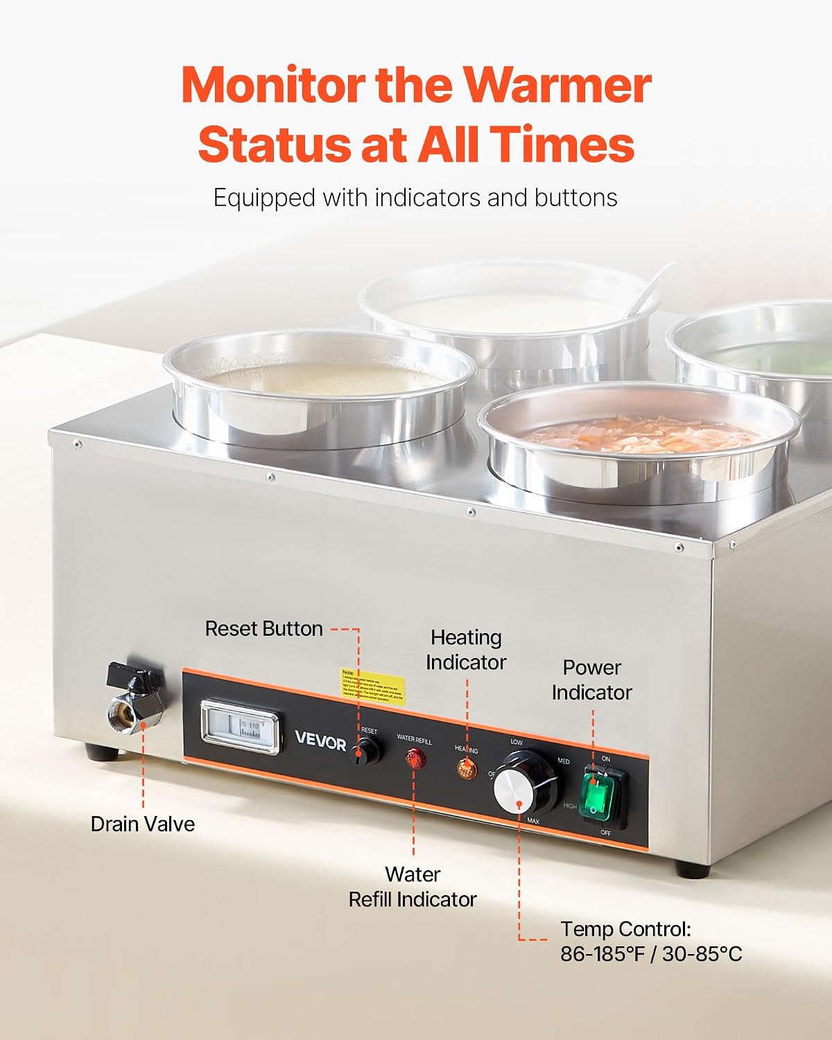VEVOR Electric Soup Warmer, Four 6.34QT Stainless Steel Round Pot with 86~185°F Adjustable Temp, 1500W Commercial Bain Marie with Anti-Dry Burn and Reset Button, Soup Station for Restaurant, Buffet