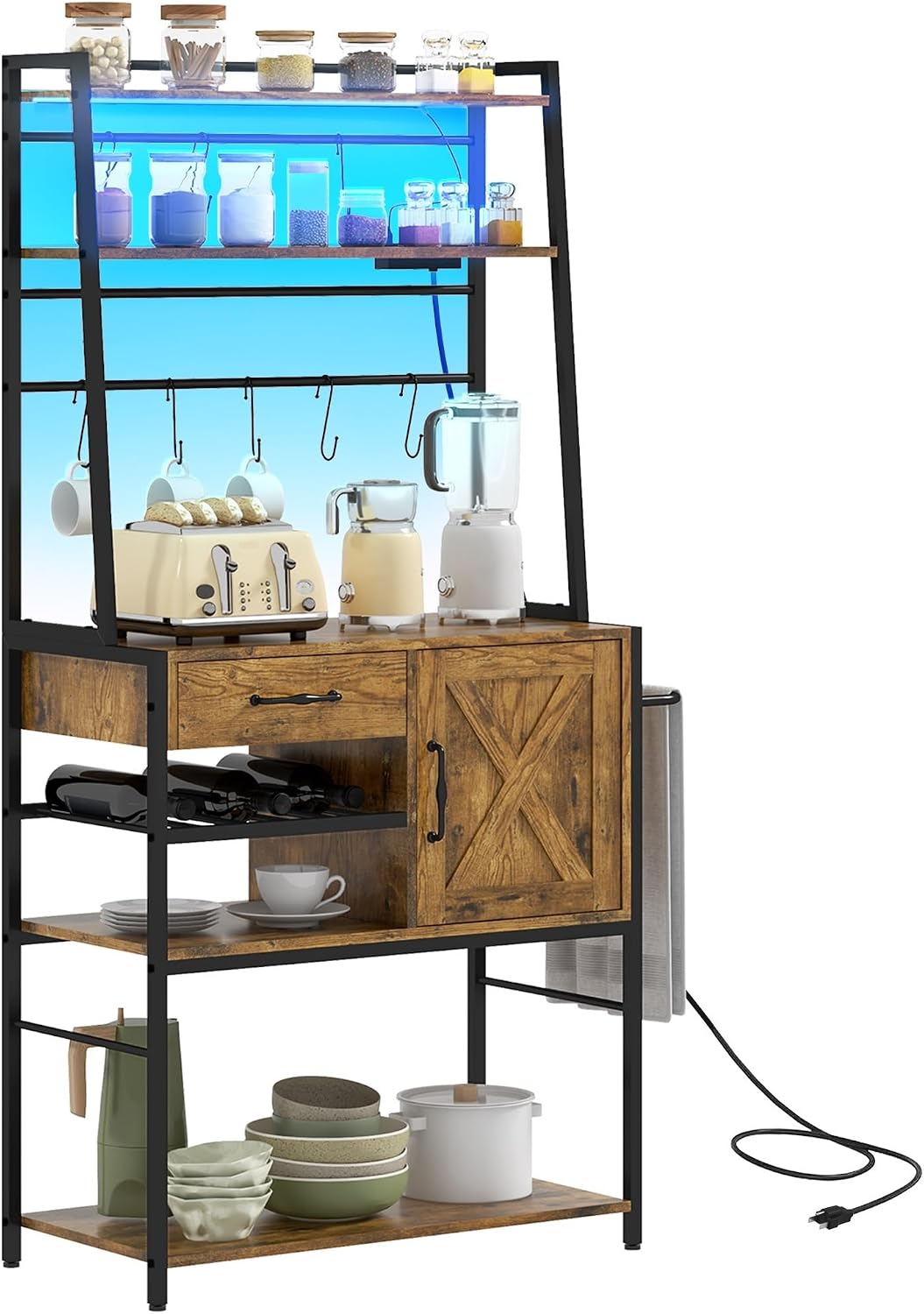 Baker's Rack with Power Outlet and LED Lights, Coffee Bar with Storage Shelves, Industrial Microwave Stand with Wine Bottle Rack, Drawer, Barn Door Cabinet, Rustic Brown