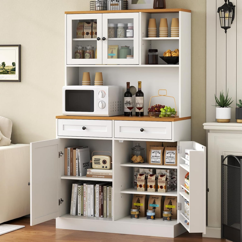 Tall Pantry Cabinet, Modern Kitchen Hutch with Microwave Stand, Kitchen Pantry Storage Cabinet with 2 Darwers & Door Shelf, Food Pantry with Glass Doors & Adjustable Shelves for Dining Room, White