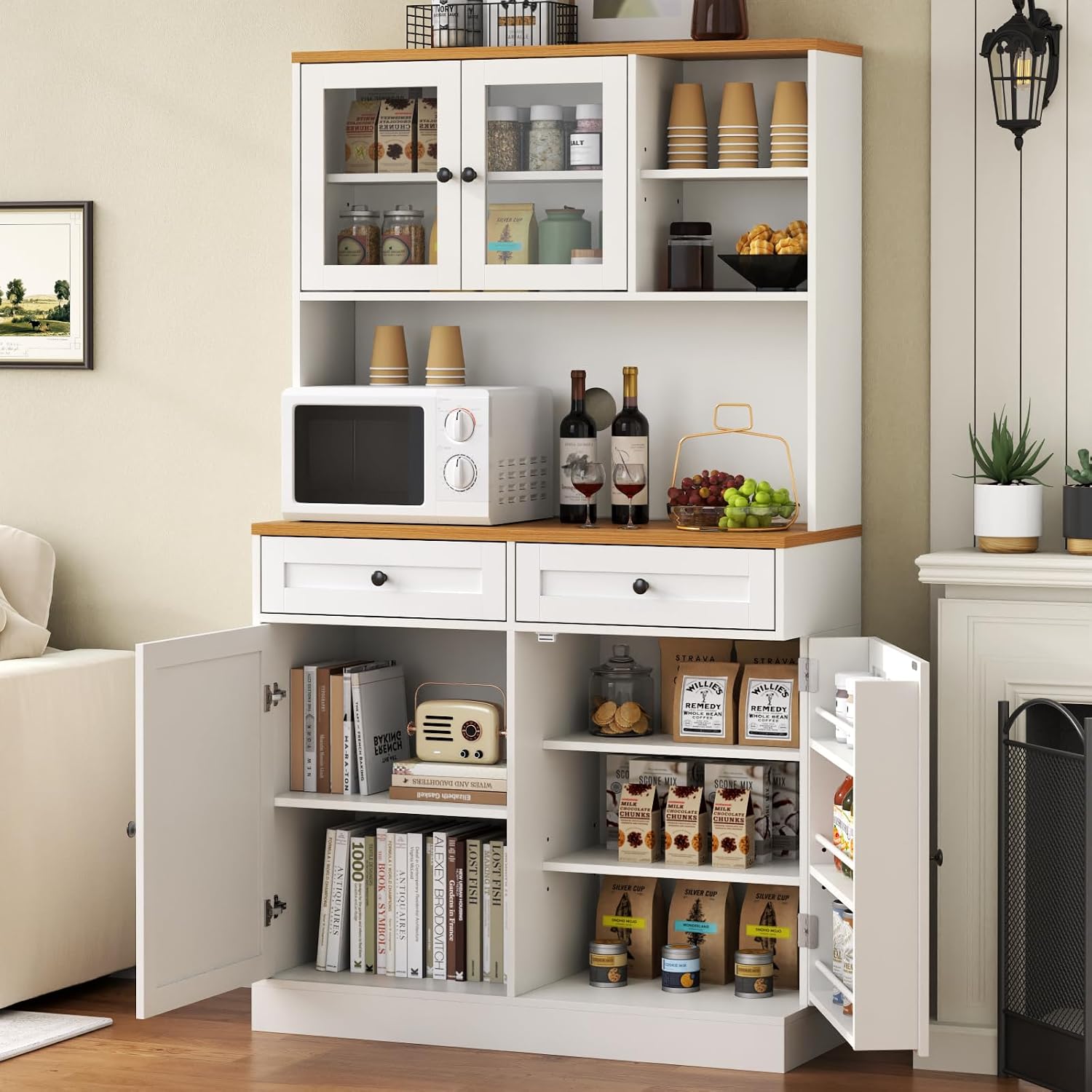 Tall Pantry Cabinet, Modern Kitchen Hutch with Microwave Stand, Kitchen Pantry Storage Cabinet with 2 Darwers & Door Shelf, Food Pantry with Glass Doors & Adjustable Shelves for Dining Room, White