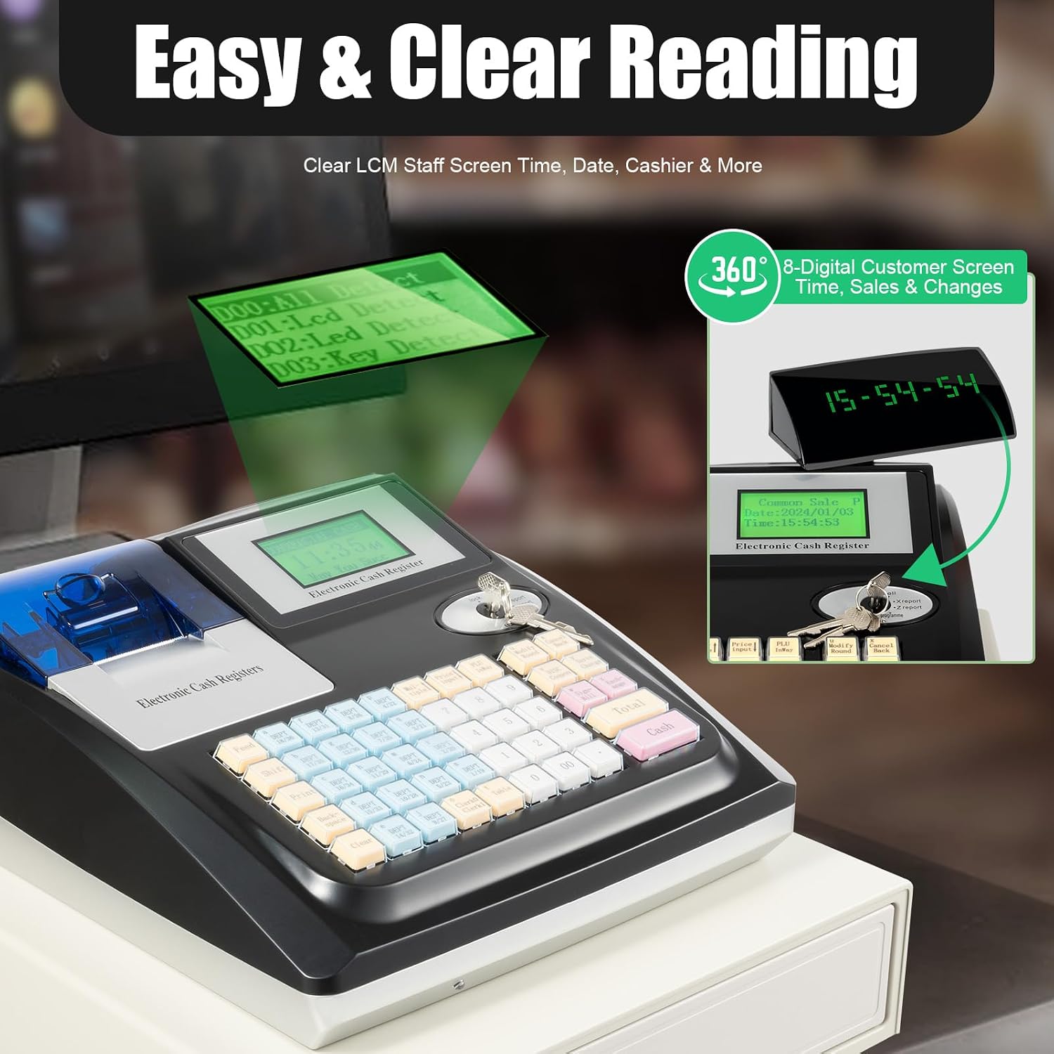 Bepritm 48 Keys Commercial Cash Register, Electronic Cashier Cash Register with Drawer Box&LED Display, Cash Management System for Small Businesses, Retailers, Supermarkets (Black)