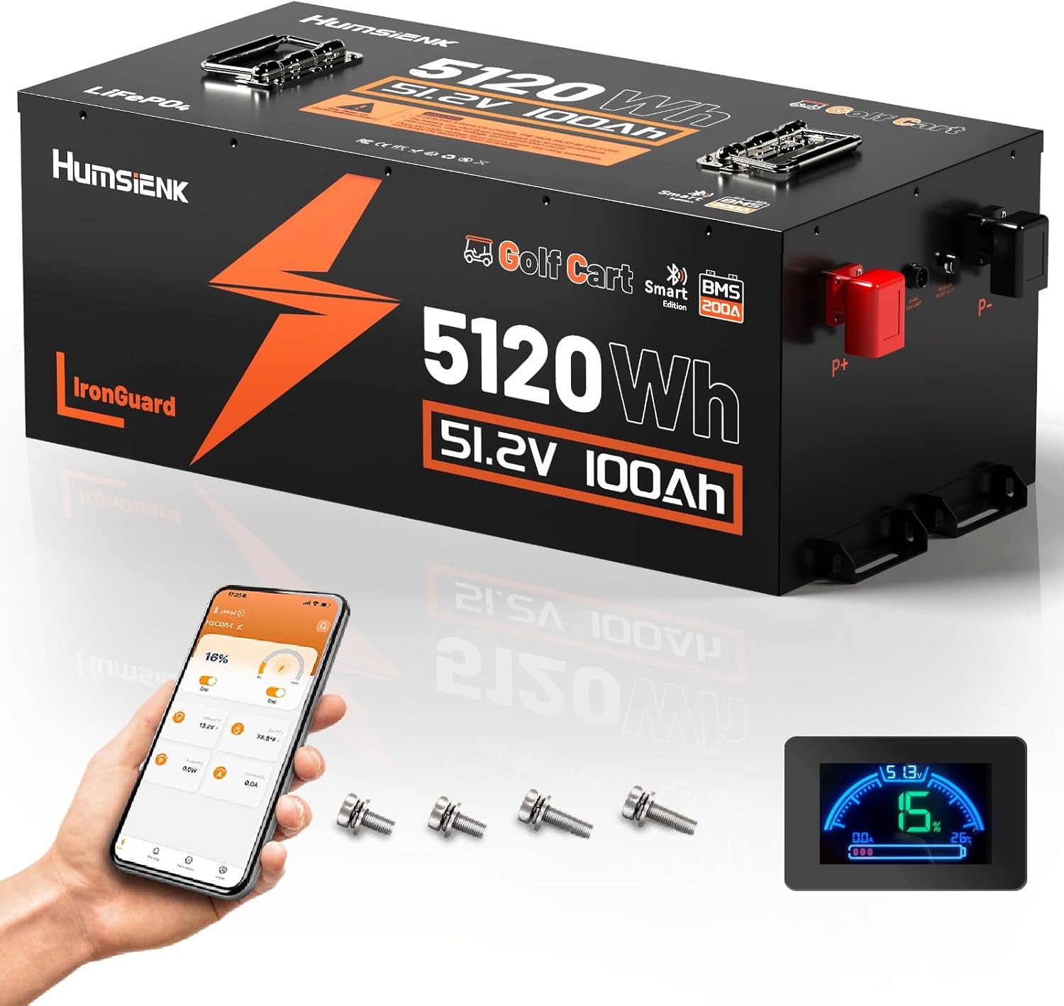 HumsiENK Metal Case 48V 100Ah Golf Cart Battery, 48V LiFePO4 Lithium Battery with Bluetooth APP & LCD Monitor, 15000+ Cycles & Max 10.24kW, Built-in 200A BMS with Low-Temp Protection for Golf Carts