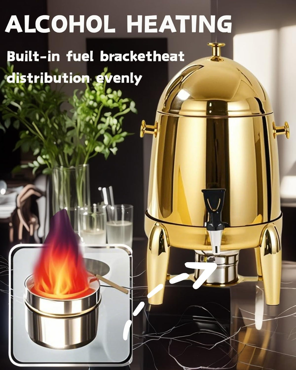 Coffee Urn With Fuel Holder, 3.17 Gallon/12L Stainless Steel Beverage Dispensers for Coffee Tea Hot Water, Hot Drink Dispenser with gold Stand, drink cooler for parties for events (Polised Gold)