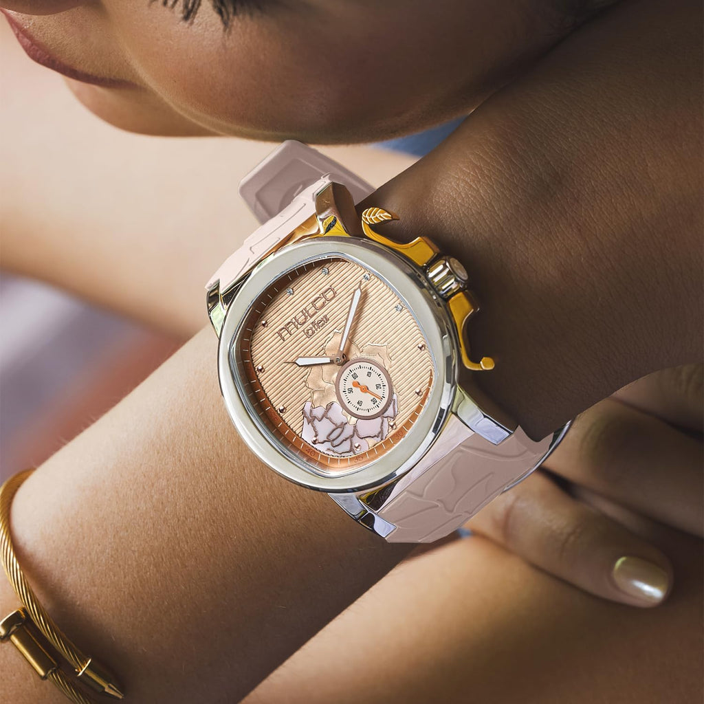 MULCO Le Fleur Gardenia Women's Watch – 43 mm Stainless-Steel Case, Rose-Gold Bezel, Mother-of-Pearl Dial with Crystal Accents, Pure Silicone Strap, Quartz Multifunction Movement, 10 ATM Waterproof