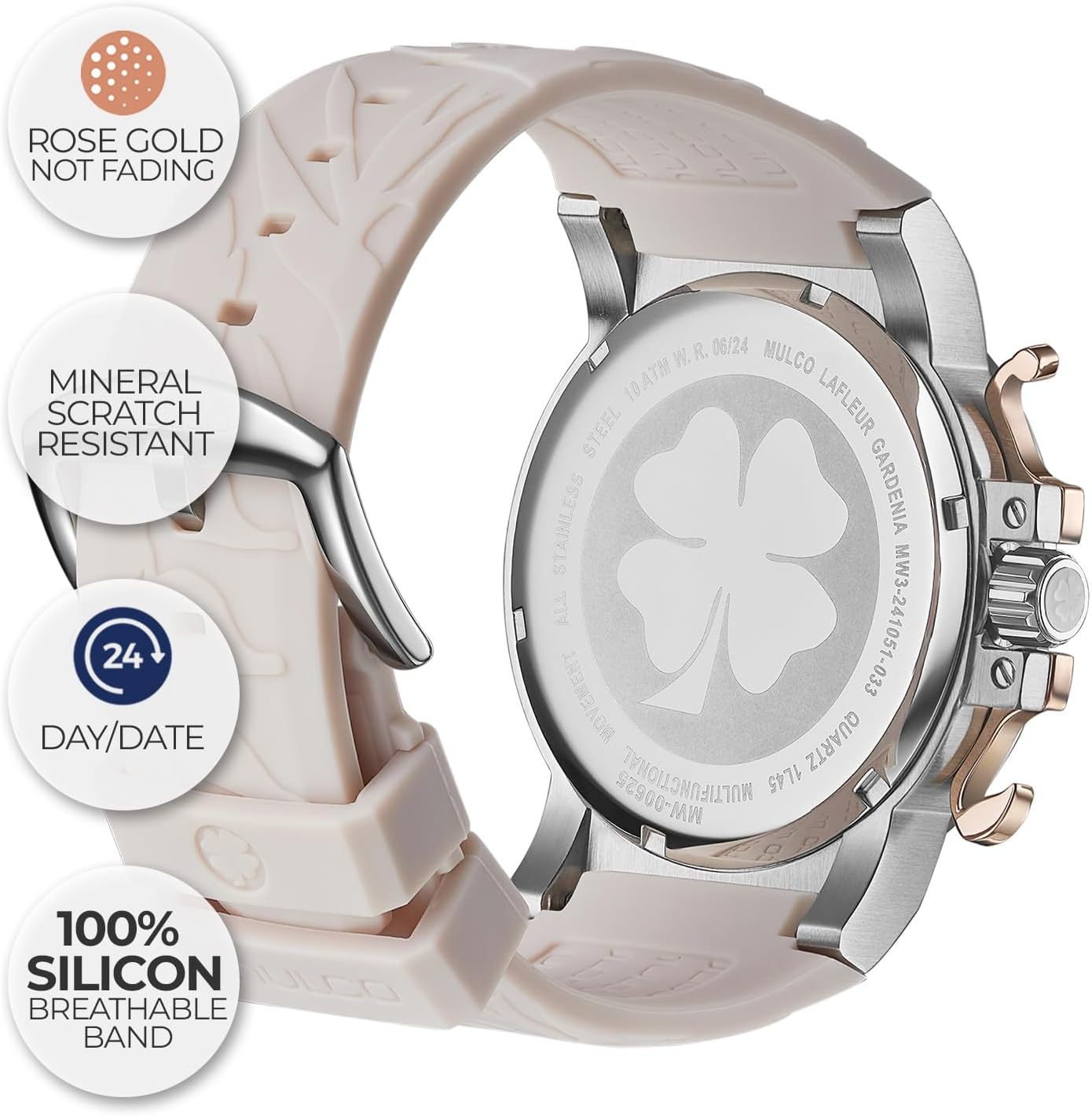 MULCO Le Fleur Gardenia Women's Watch – 43 mm Stainless-Steel Case, Rose-Gold Bezel, Mother-of-Pearl Dial with Crystal Accents, Pure Silicone Strap, Quartz Multifunction Movement, 10 ATM Waterproof