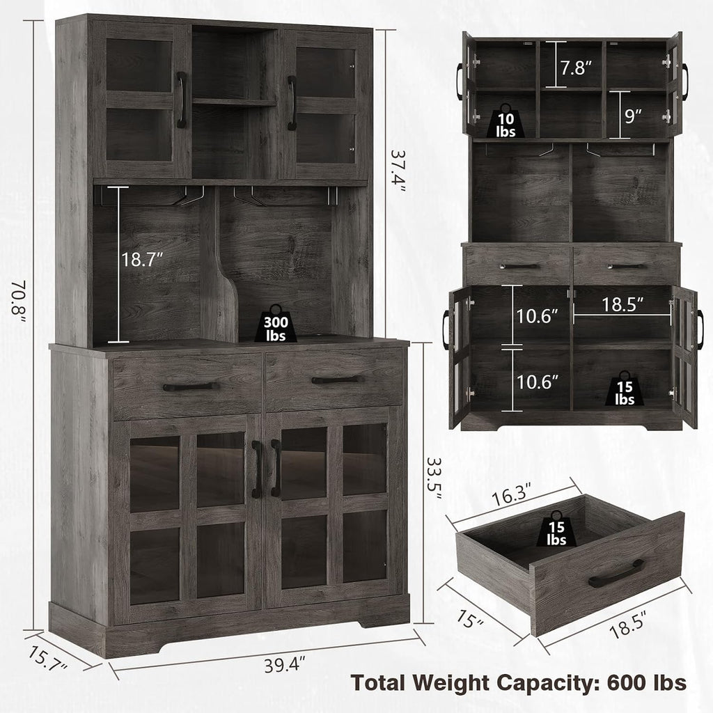 71' MDF Freestanding Storage Cabinet, Kitchen Storage Bakers Rack with 3AC+2USB Charging, Utility Food Cupboard with 2-Row Wine Racks for Kitchen Dining Living Room, Dark Oak