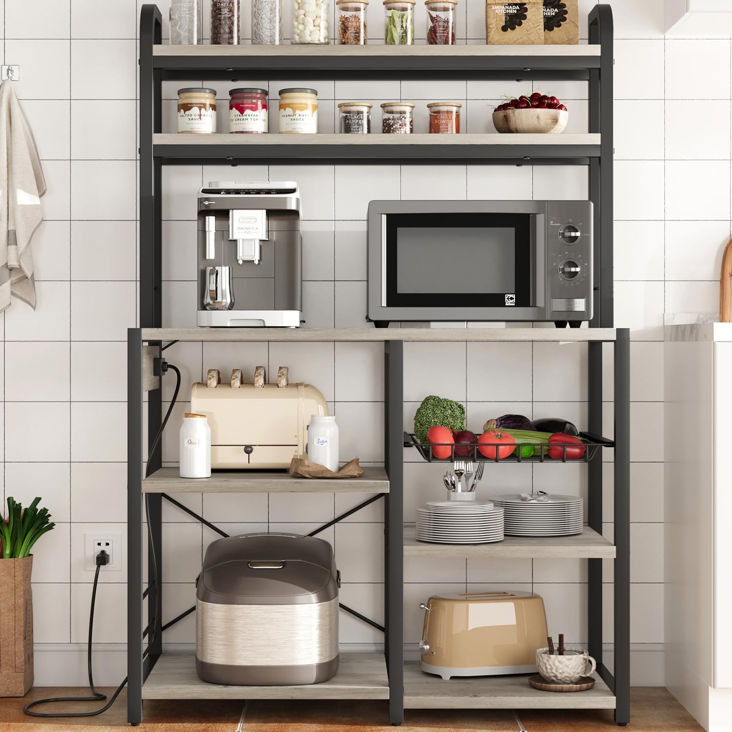 GAOMON Bakers Rack with Power Outlet, Kitchen Baker Rack with Wire Basket, Microwave Stand with Large Open Storage Shelves, 6-Tier Freestanding Utility Storage Shelf, Retro Gray