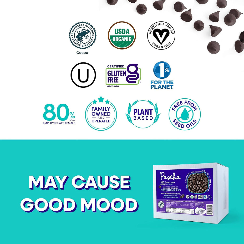 Pascha Organic Extra Dark Chocolate Chips - 85% Cacao Bittersweet - Vegan, Keto-Friendly Baking Chips - Rainforest Alliance Certified - No Dairy, Soy, Gluten or Nuts (10 lbs)