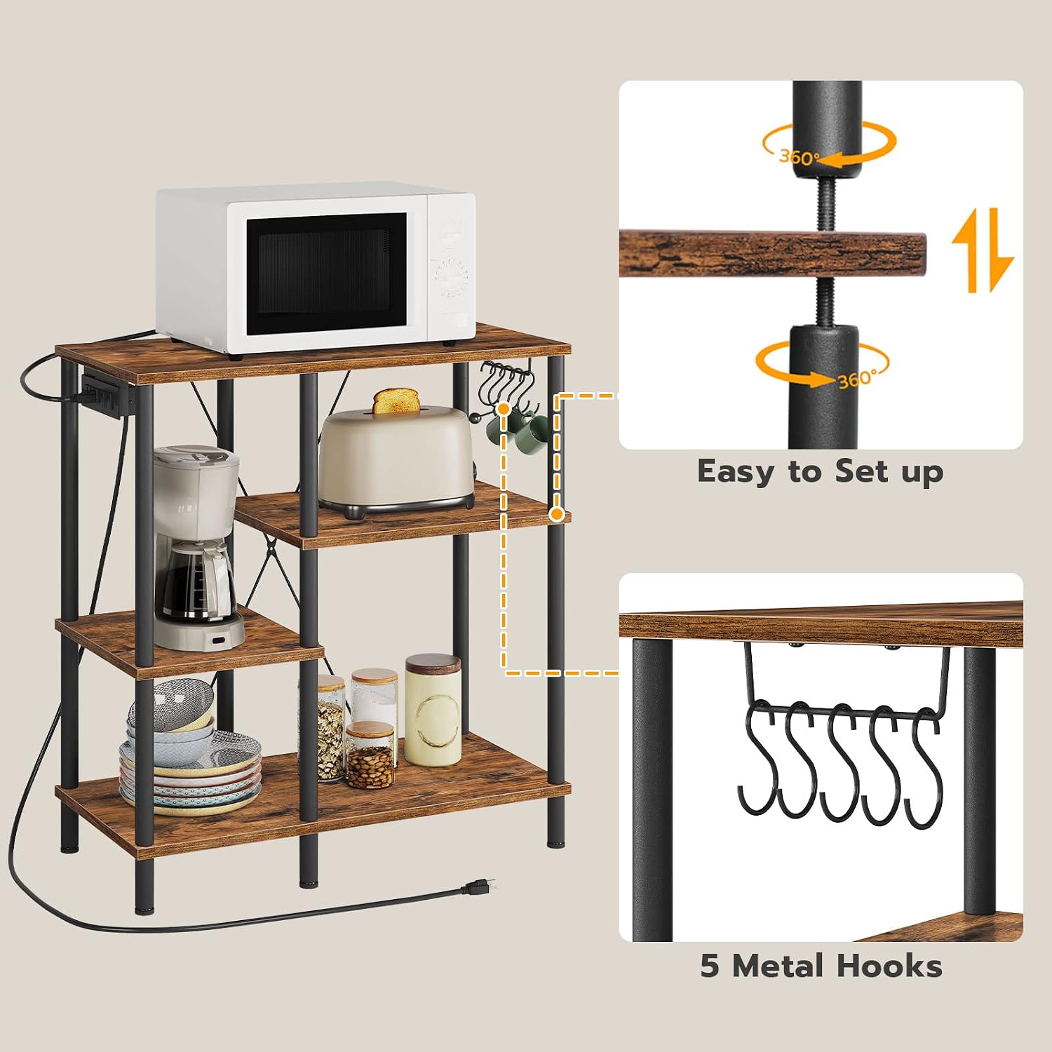 HOOBRO Bakers Rack with Power Outlet, 3-Piece Bar Table Set with Power Outlet, Bar Stools, and Chairs BF07HB01-BF45UBT01