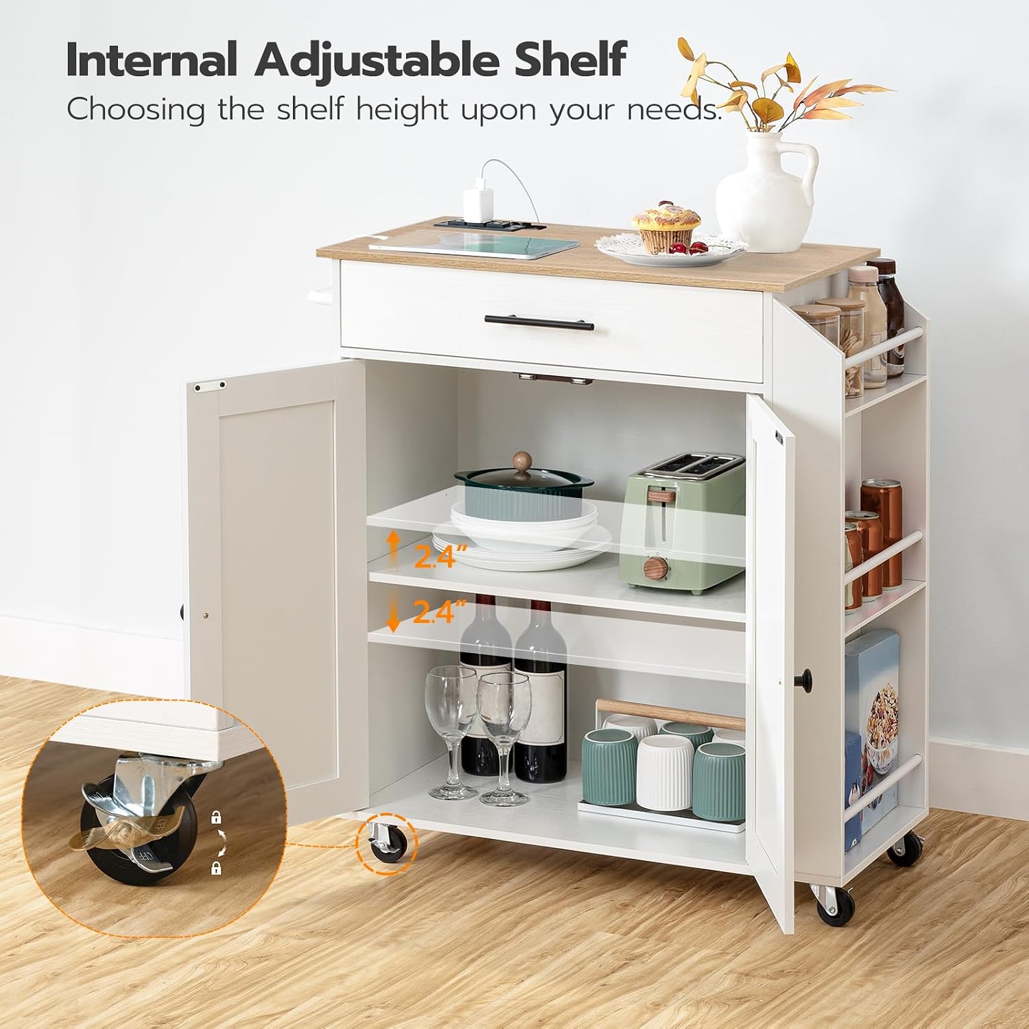 HOOBRO Kitchen Island with Power Outlet, Kitchen Storage Island with Spice Rack and Drawer, Rolling Kitchen on Wheels, for Home, Dining Room, Natural and White WN82UZD01G1