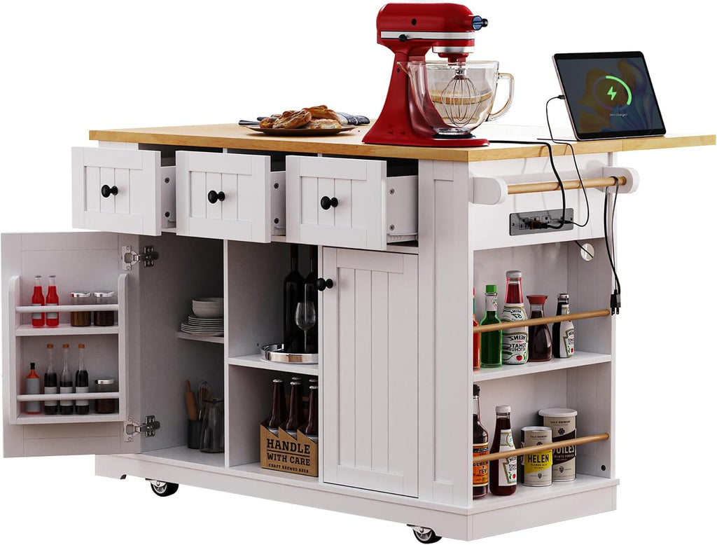 Classic Large Kitchen Island with Drop Leaf, Power Outlet, Door Internal Storage Rack, Rolling Kitchen Storage Cart on 5 Wheels with 5 Open Side Racks, 3 Drawers for Home, Dining Room (White/Wheels)