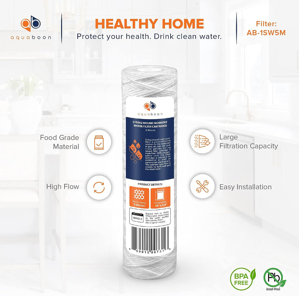 Aquaboon Whole House 5 Micron 10 x 2.5 String Wound Sediment Water Filter Cartridge Replacement Compatible with Well Water Filter WHKF-WHSW, 50-Pack