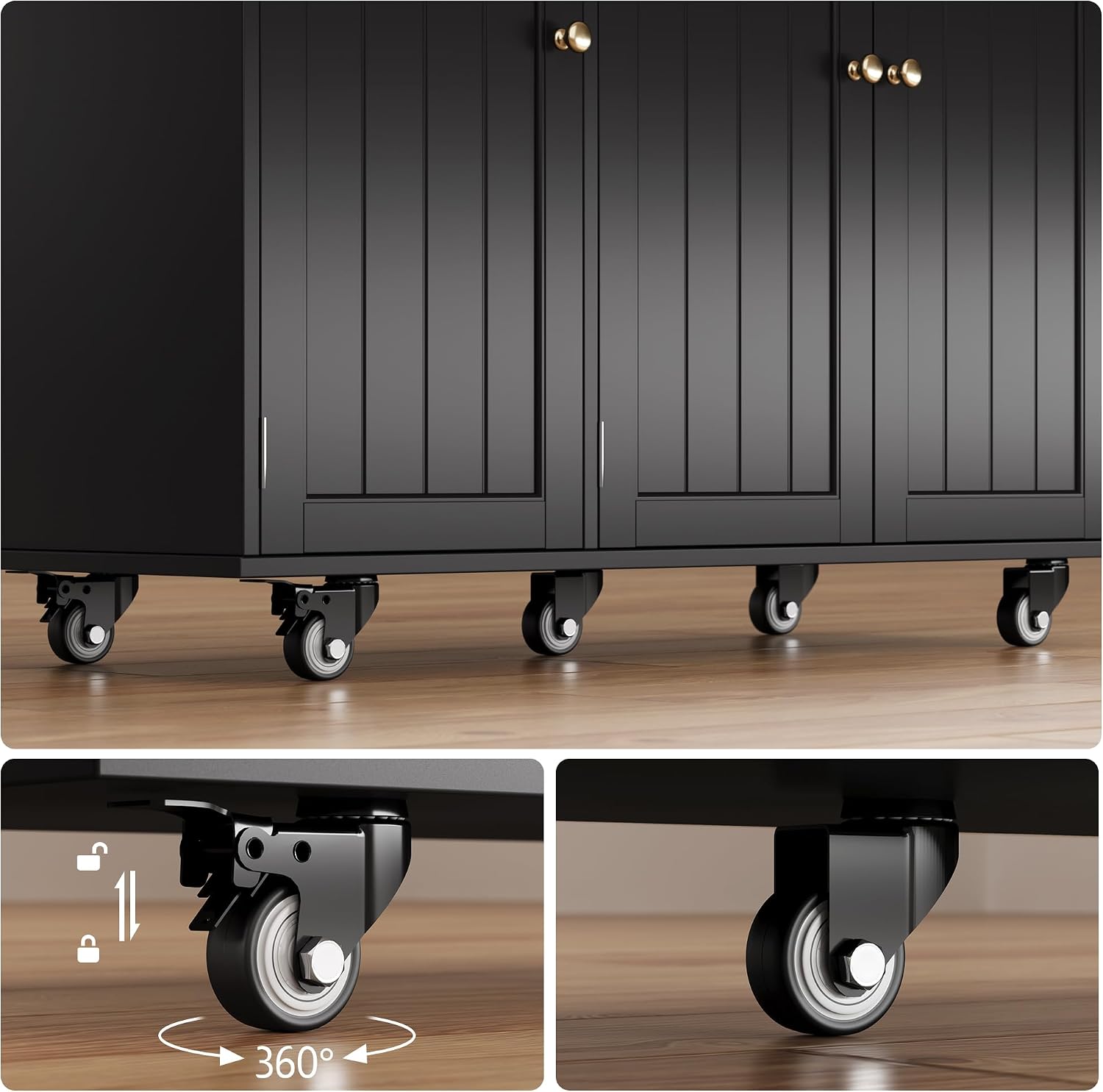 Ahomly Kitchen Island with Storage, Island Table for Kitchen with Drop Leaf, 5 Wheels, a Drawer, Spicy Rack and Towel Bar, Black