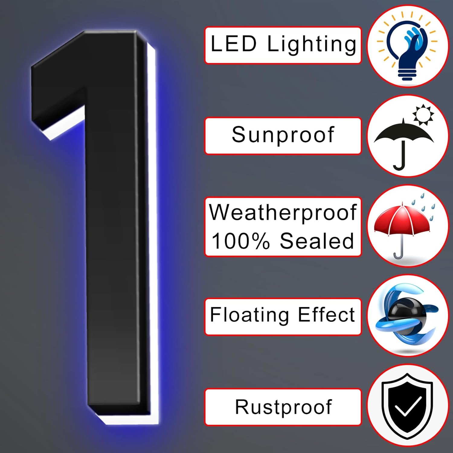 Illuminated LED House Number Sign, Matte Black, Lighted Address Number For House/Home/Yard, Light Up Address Sign, Waterproof Outdoor/Indoor, Day & Night,14 Inch/35cm,5