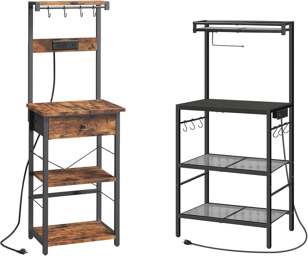 MAHANCRIS Bakers Rack with Drawer and Bakers Rack with Power Outlet Bundle, Microwave Stand, BRHR48E01-BRBK36E01