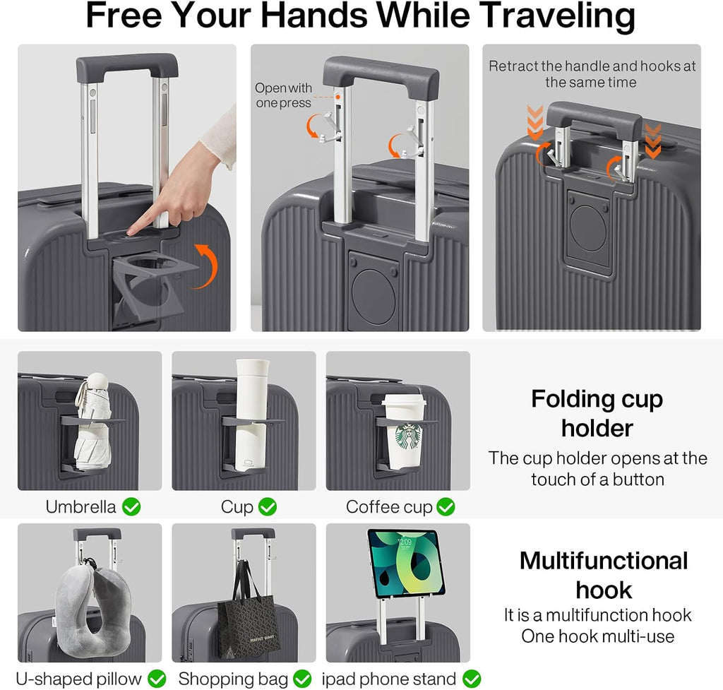 mixi Checked Luggage with Cup Phone Holder Hard Shell Rolling Travel Suitcase with Spinner Wheels,24 Inch Rock Grey