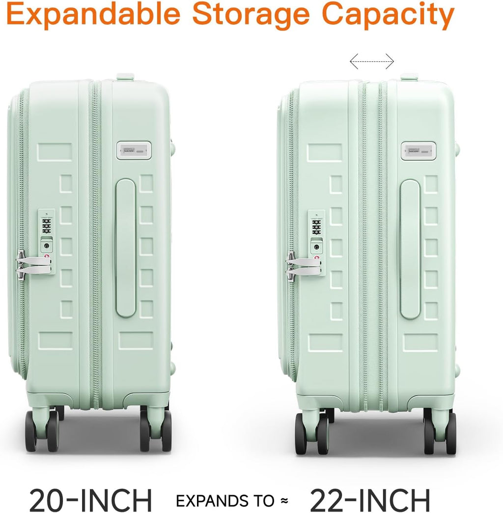 Expandable Lightweight PC Hard Shell Suitcase, 20-inch Carry On Luggage with TSA Lock, 360 Silent Spinner Wheels, Top Opening & Cup Holder - Ideal for Business Travel Suitcase (Mint Green)