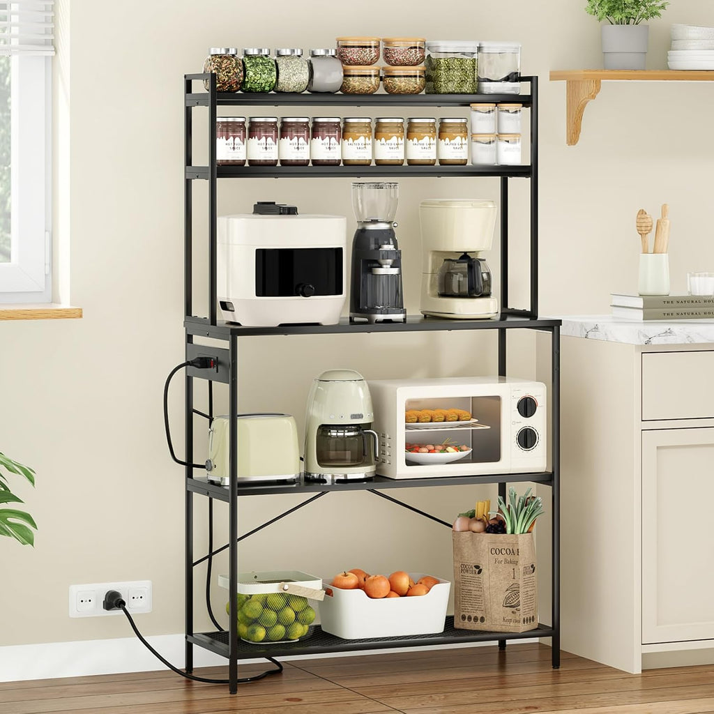 5-Tier Kitchen Storage Rack with Power Outlet Microwave Stand Coffee Bar Station and Appliance Organizer with Shelves Heavy Duty Bakers Rack for Home Counter Space Organizer Black
