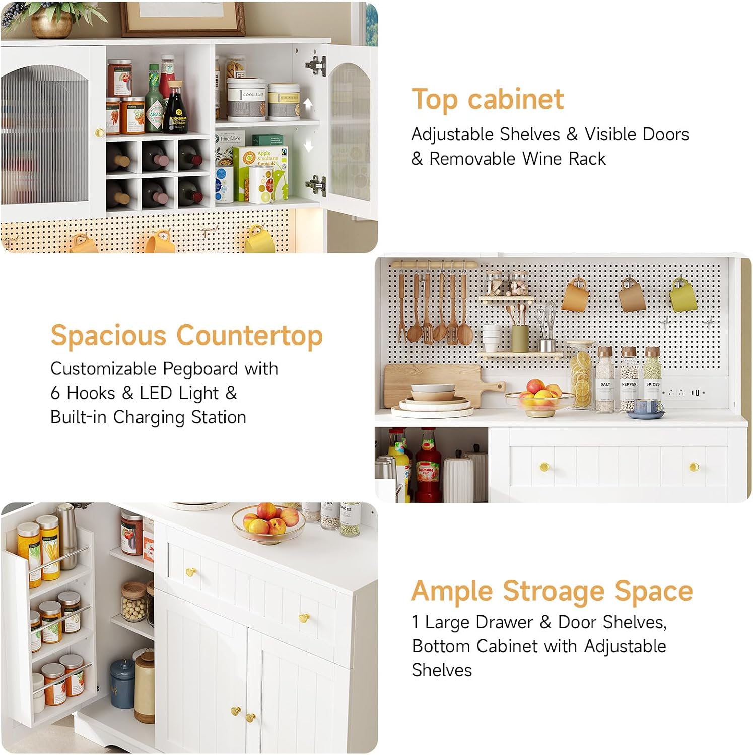 ONBRILL 71' Pantry Storage Cabinet with Microwave Shelf & Door Shelves, Kitchen Wood Pantry with Outlet & LED Light, Kitchen Hutch with DIY Pegboard & 6 Hook, Modern Cabinet with Drawer & Wine Rack