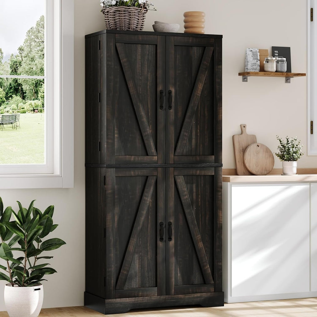 REVOMINCA Pantry Cabinet, 72 Inch Tall Kitchen Pantry Cabinet with Barn Door, Freestanding Storage Cabinet with Drawer & Adjustable Shelves, Pantry Organizer for Kitchen Dining Room Living Room, Oak