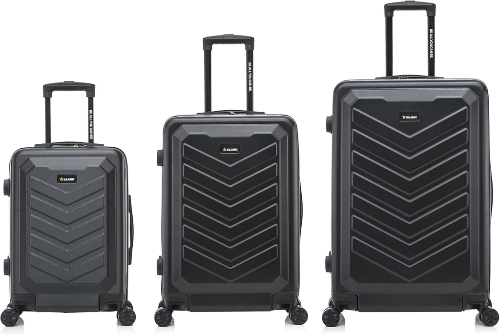 US ARMY FOX 3 Pcs Set Hardshell Luggage with Spinner Wheels | 20, 24, 28 inch Lightweight Travel Suitcase, Chevron Icon, Gel Handle, Retractable Trolley, Side Studs | Black
