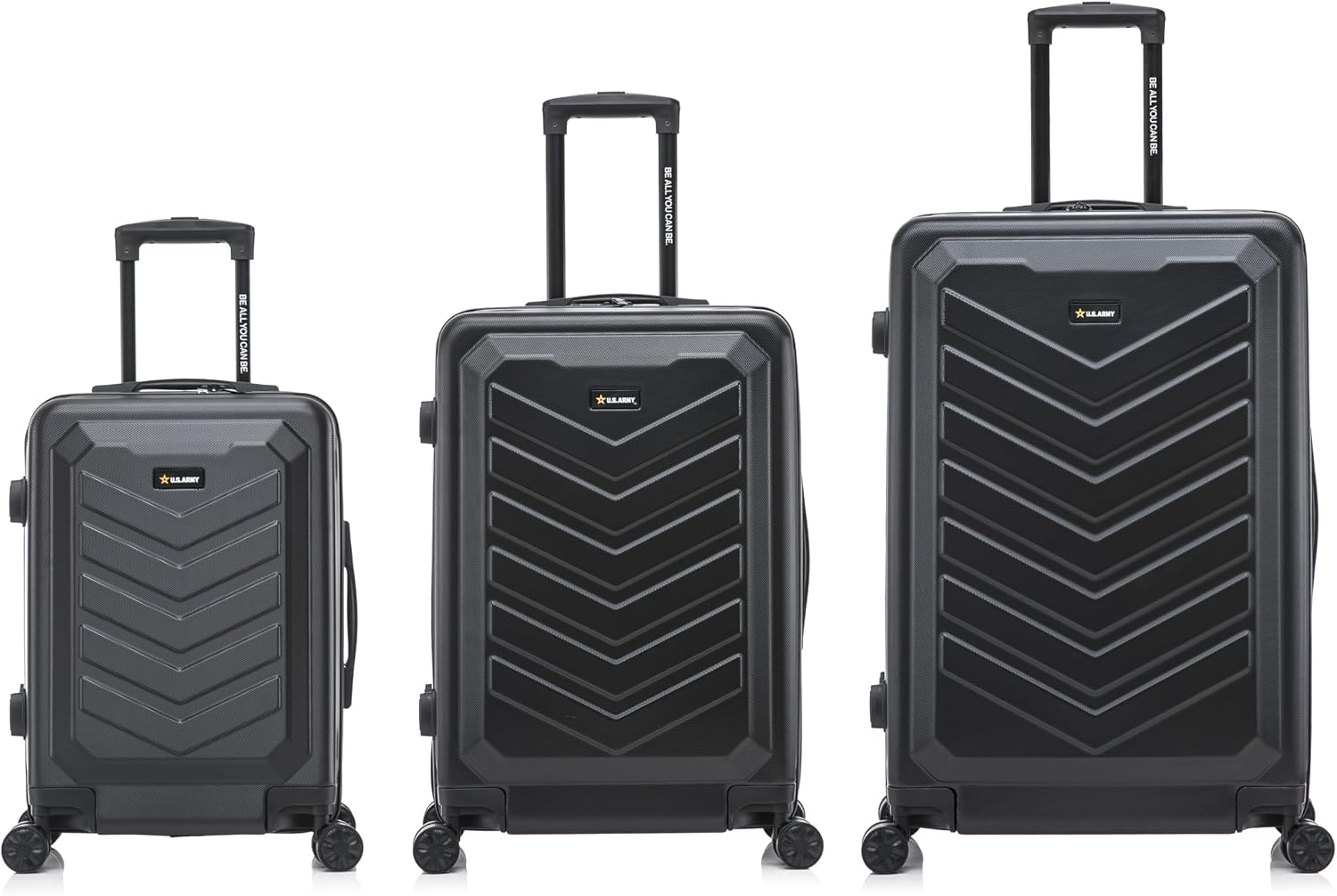 US ARMY FOX 3 Pcs Set Hardshell Luggage with Spinner Wheels | 20, 24, 28 inch Lightweight Travel Suitcase, Chevron Icon, Gel Handle, Retractable Trolley, Side Studs | Black