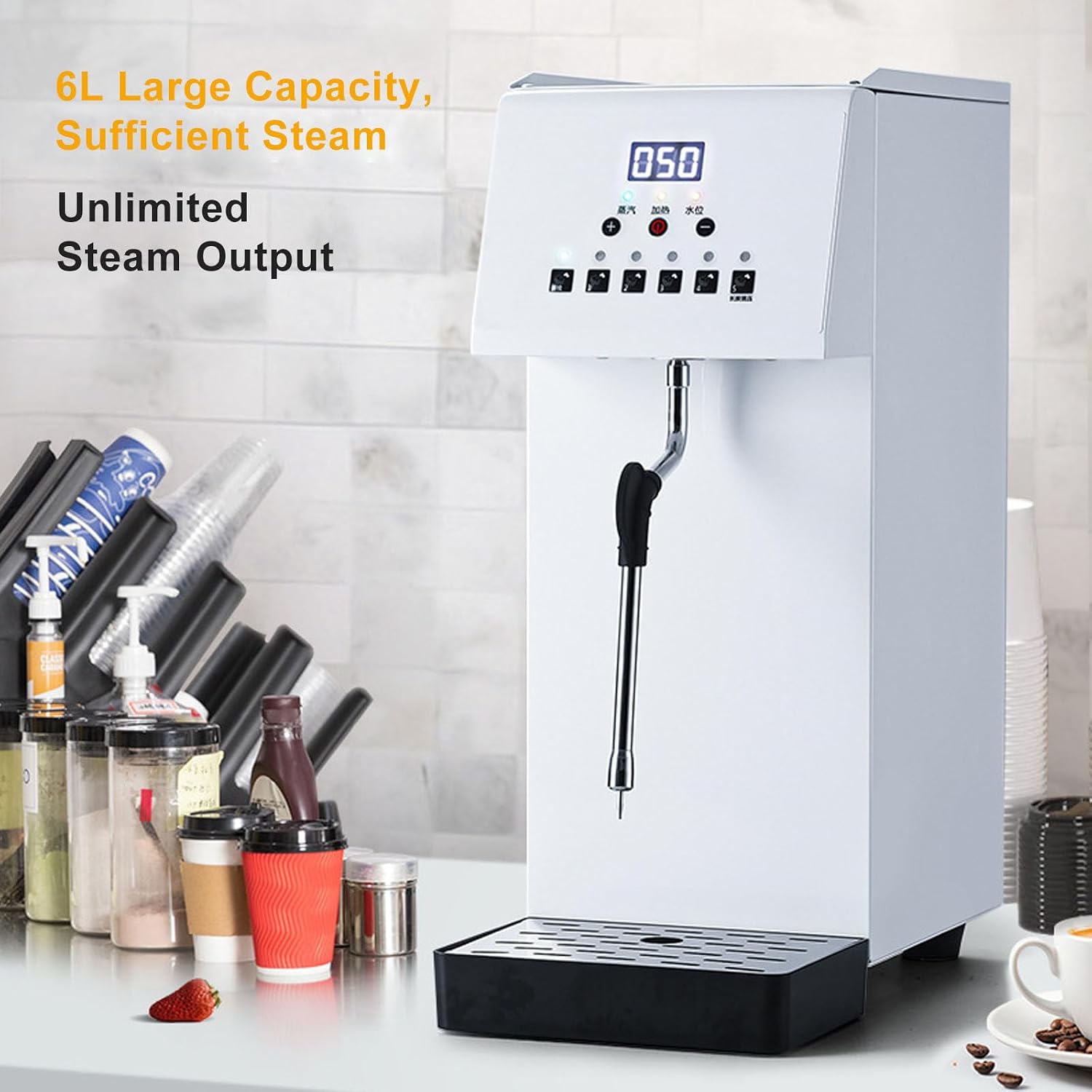 Milk Frother,Stainless Steel Milk Foam Maker, Steam Boiling Hot Water Dispenser, 2500W Boiler Electric Commercial Bubble Tea, 6L Stainless Steel Tank, 360° Steam Spray, L,
