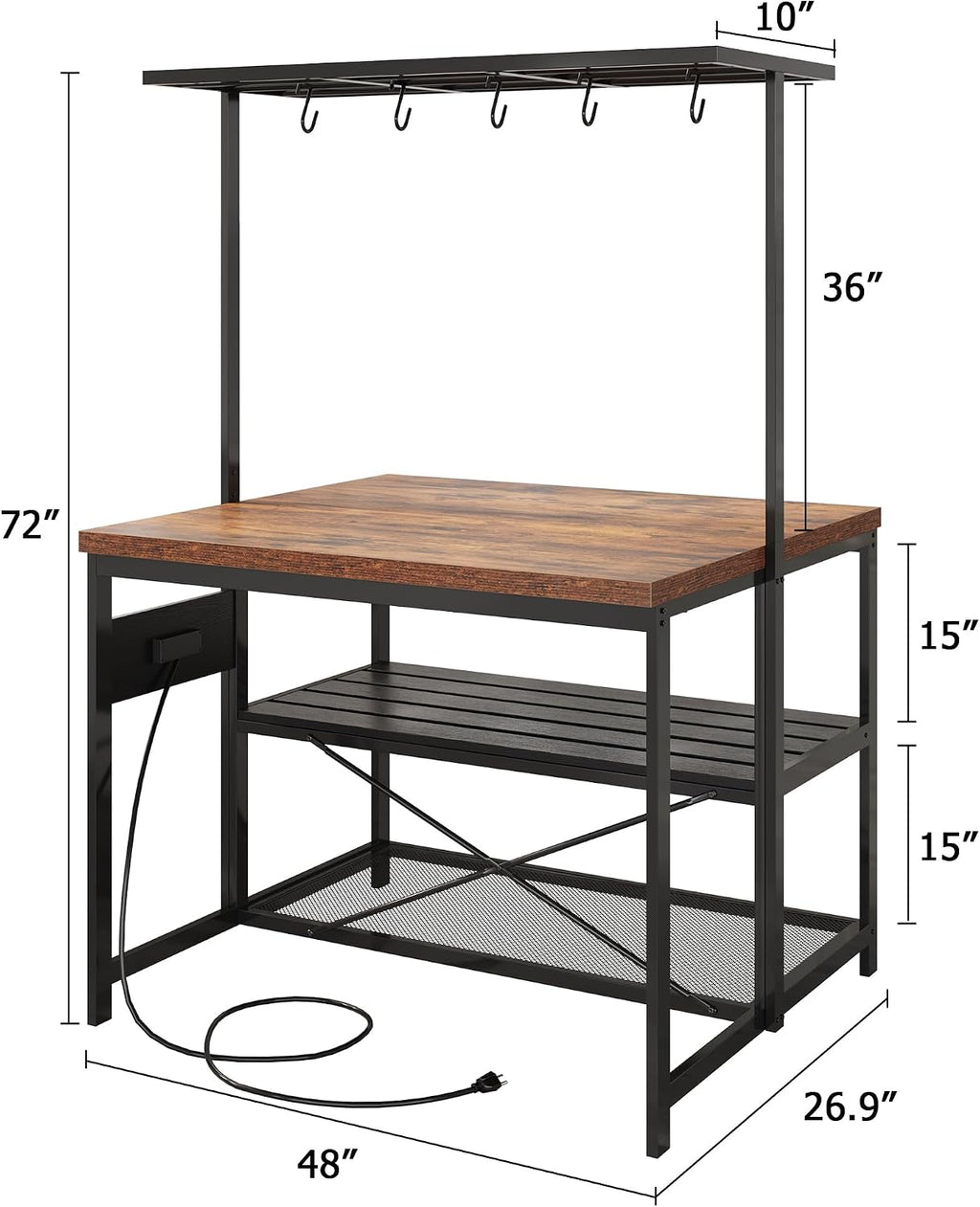 Multifunctional Kitchen Island, Kitchen Counter Prep Table with 3-Tier Shelves, Island Table for Kitchen with Storage & Power Outlet, Bakers Rack, 5 Hooks Kitchen Coffee Station