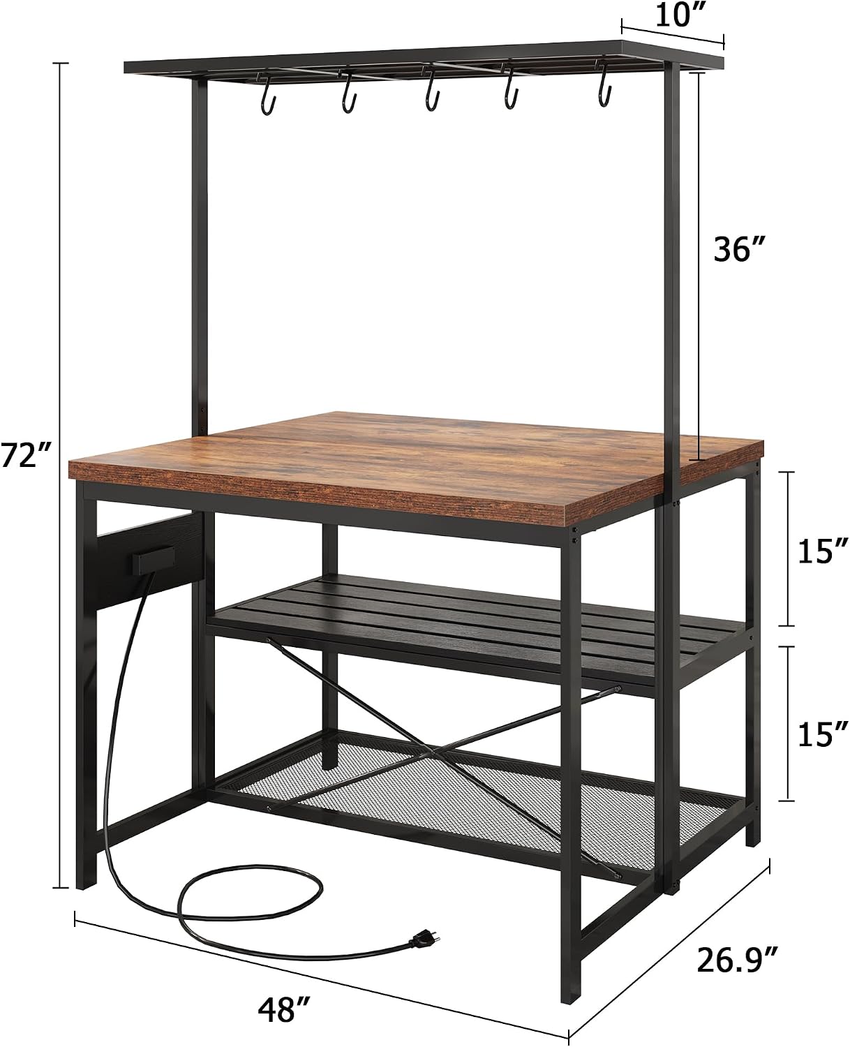 Multifunctional Kitchen Island, Kitchen Counter Prep Table with 3-Tier Shelves, Island Table for Kitchen with Storage & Power Outlet, Bakers Rack, 5 Hooks Kitchen Coffee Station