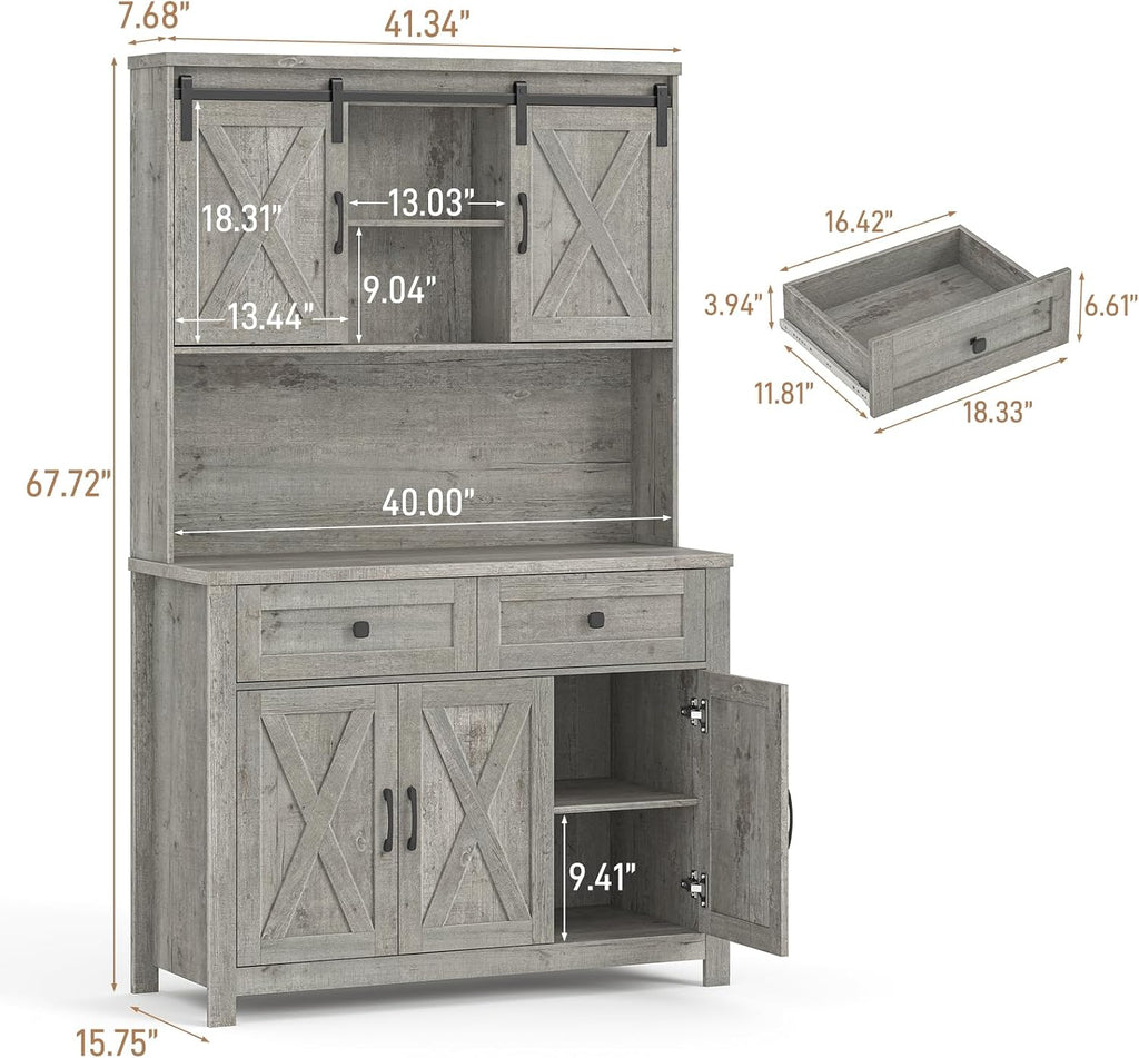 Befrases 67.7 Inch Farmhouse Pantry Storage Cabinet with Sliding Barn Doors, 2 Drawer Farmhouse Coffee Cabinet with Adjustable Shelf, Side Board with Buffet Cupboard Livingroom Kitchen, Grey