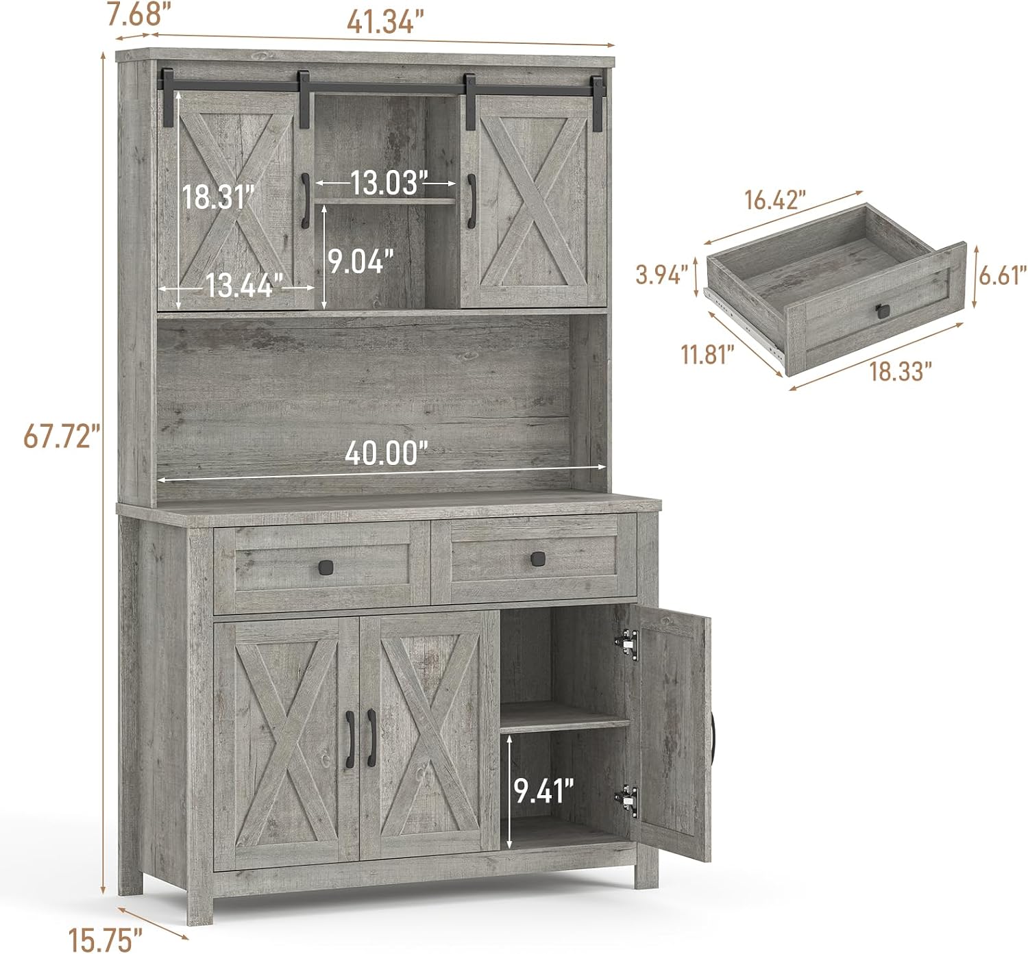 Befrases 67.7 Inch Farmhouse Pantry Storage Cabinet with Sliding Barn Doors, 2 Drawer Farmhouse Coffee Cabinet with Adjustable Shelf, Side Board with Buffet Cupboard Livingroom Kitchen, Grey