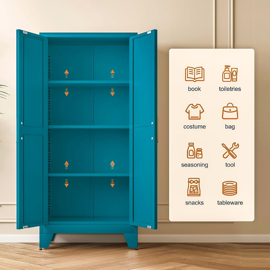 LCAOPC 61' Tall Metal Storage Cabinet with 2 Doors and 3 Adjustable Shelves, 4-Tier Kitchen Pantry Storage Cabinet for Kitchen, Living Room, Dining Room and Office, Blue