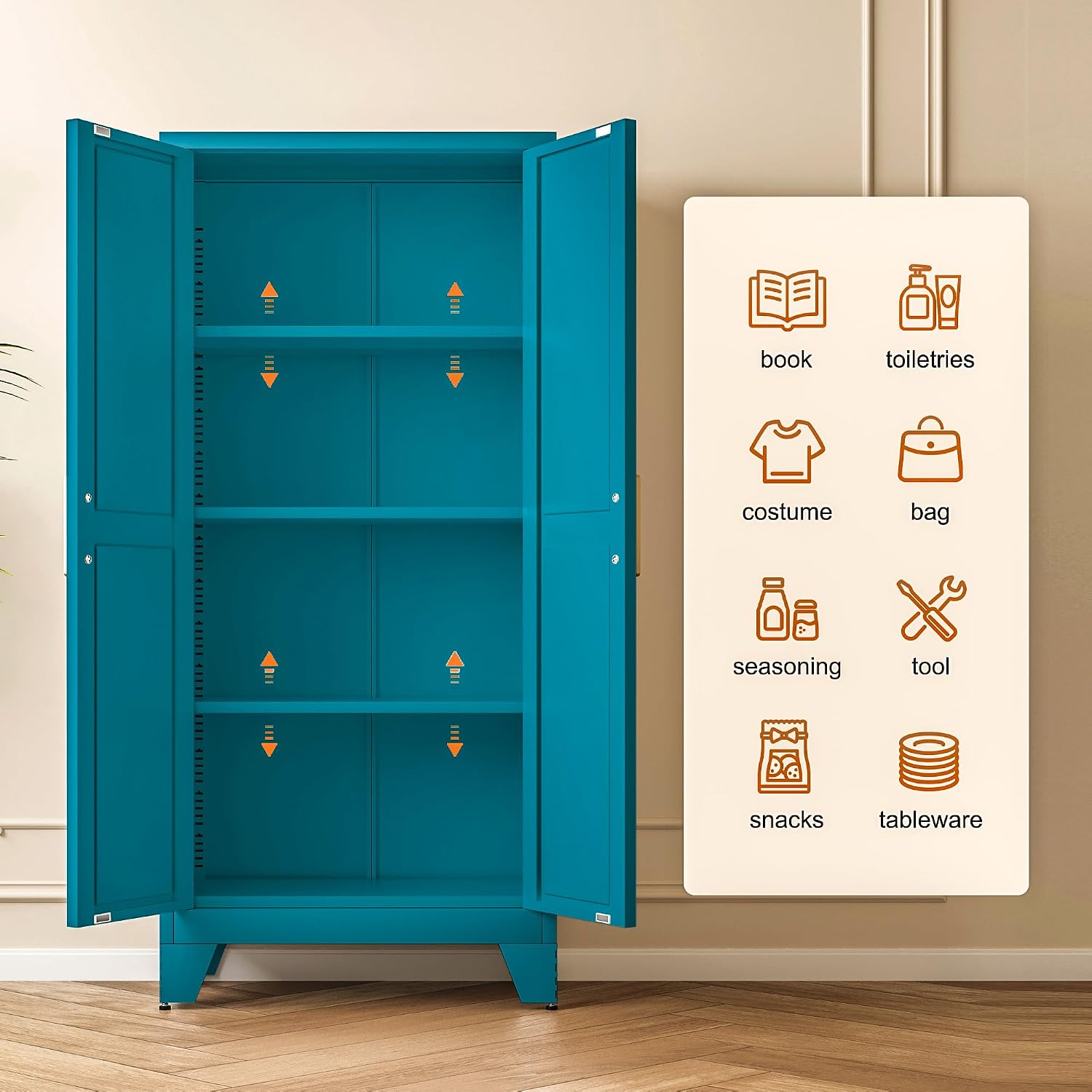 LCAOPC 61' Tall Metal Storage Cabinet with 2 Doors and 3 Adjustable Shelves, 4-Tier Kitchen Pantry Storage Cabinet for Kitchen, Living Room, Dining Room and Office, Blue