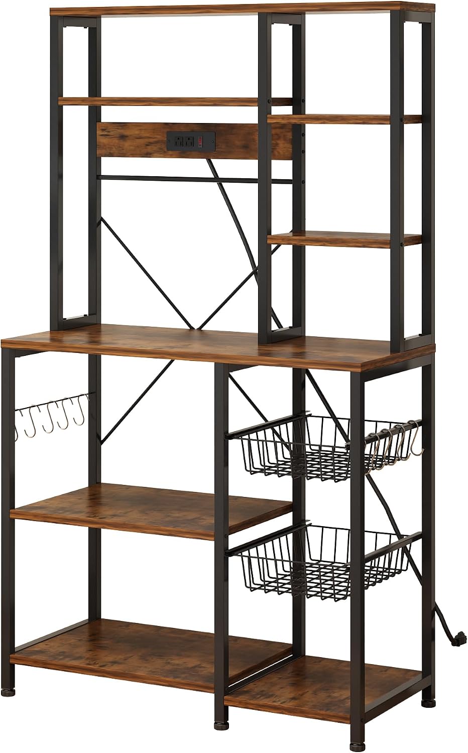 Large Bakers Rack with Power Outlets, 6-Tier Microwave Stand with 10 S Hooks, Kitchen Storage Shelf with Wire Basket, Coffee Bar Station for Kitchen and Dining Room, Rustic Brown