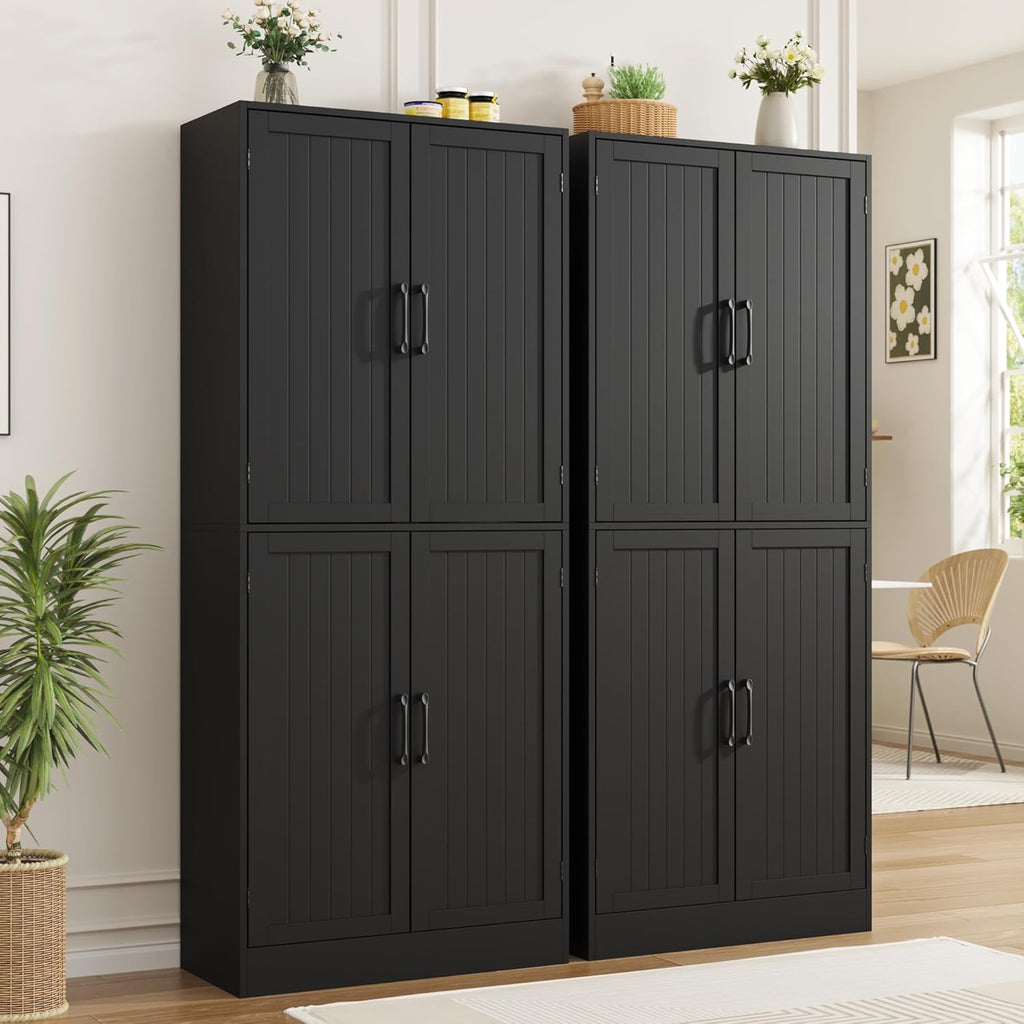 MHOM 71' Farmhouse Pantry Cabinet, Tall Storage Cabinet with 4 Doors and Adjustable Shelves, Freestanding Pantry for Dining Room, Kitchen, and Living Room, Black