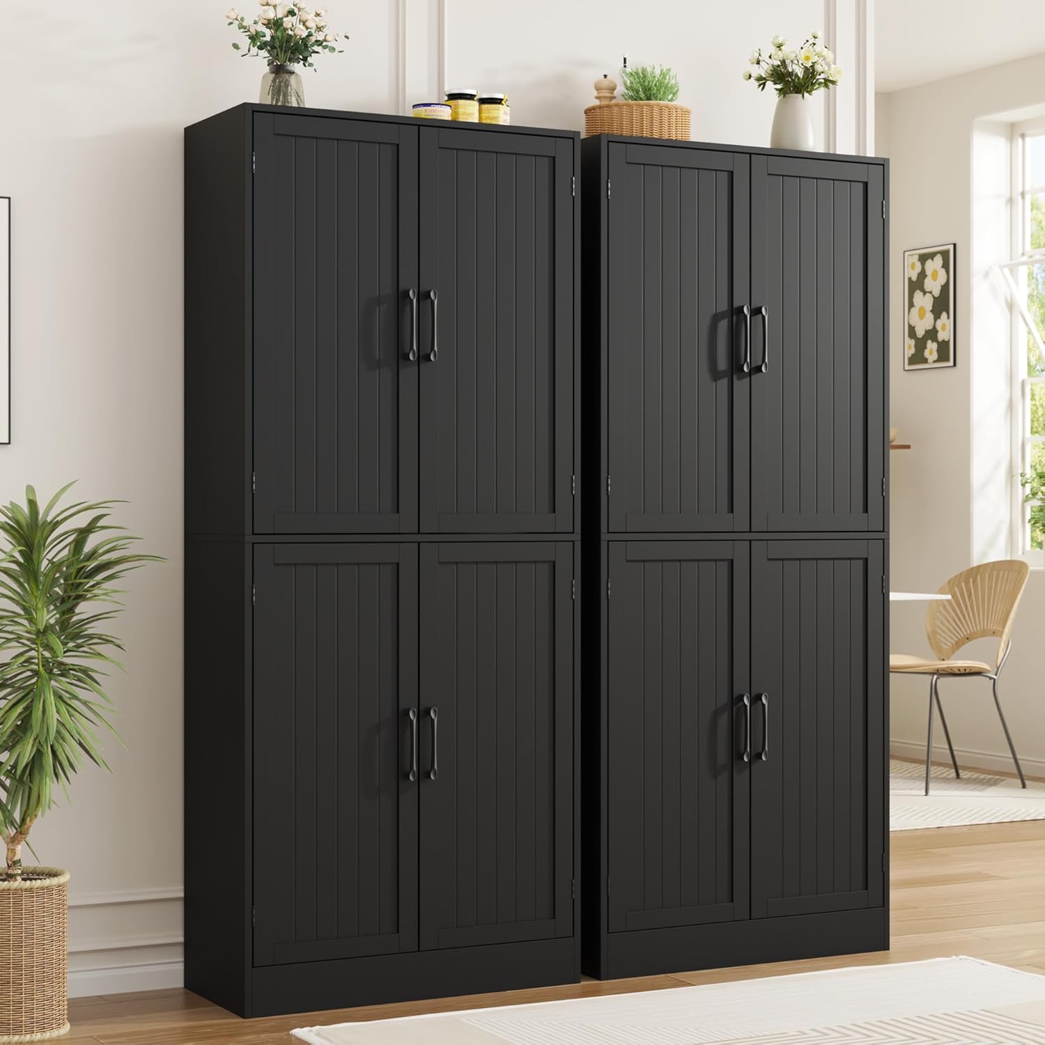 MHOM 71' Farmhouse Pantry Cabinet, Tall Storage Cabinet with 4 Doors and Adjustable Shelves, Freestanding Pantry for Dining Room, Kitchen, and Living Room, Black