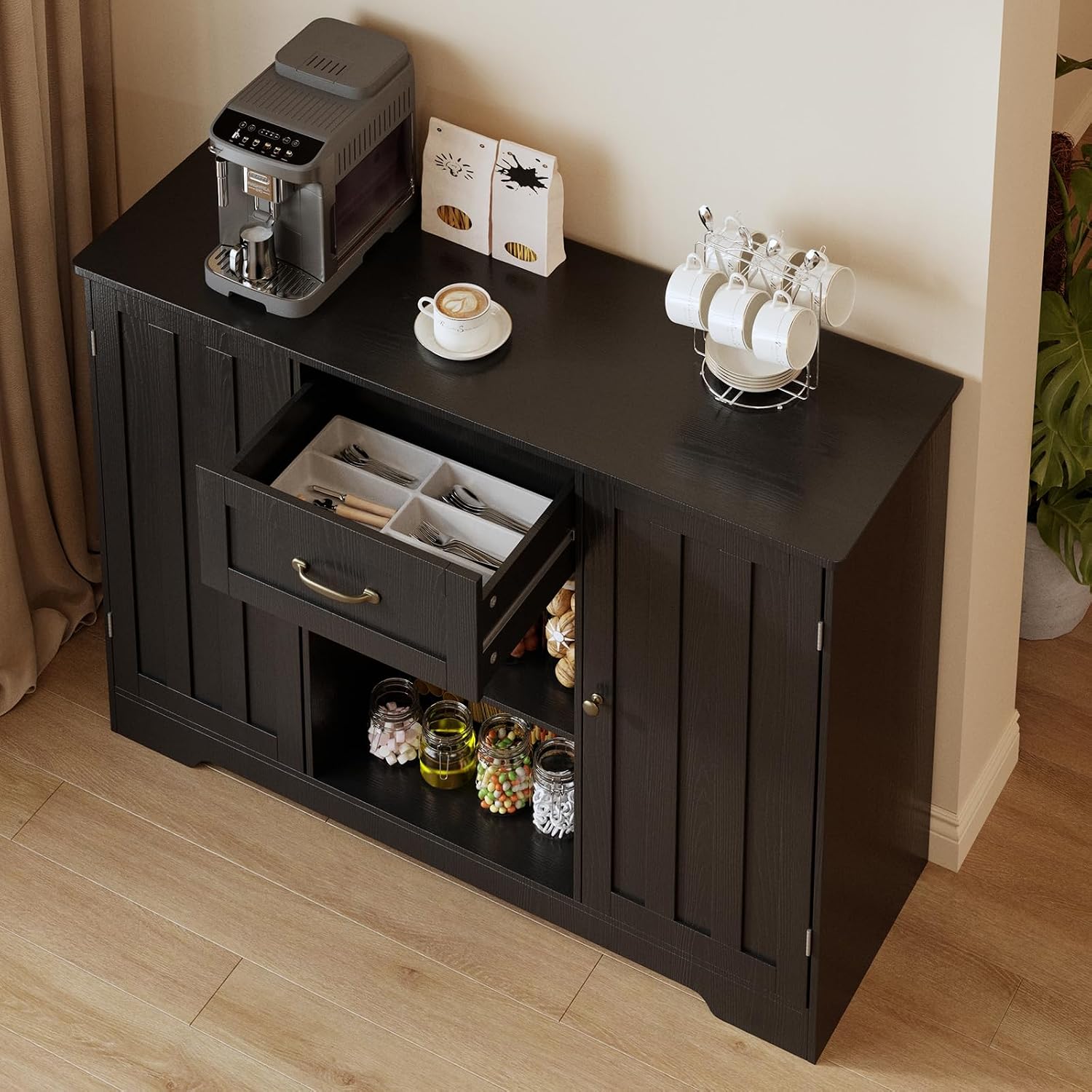 Gizoon 45' Coffee Bar Cabinet with Door and Shelves Kitchen Hutch with Countertop, Kitchen Buffer Cabinet with Storage for Bedroom and Living Room, Black