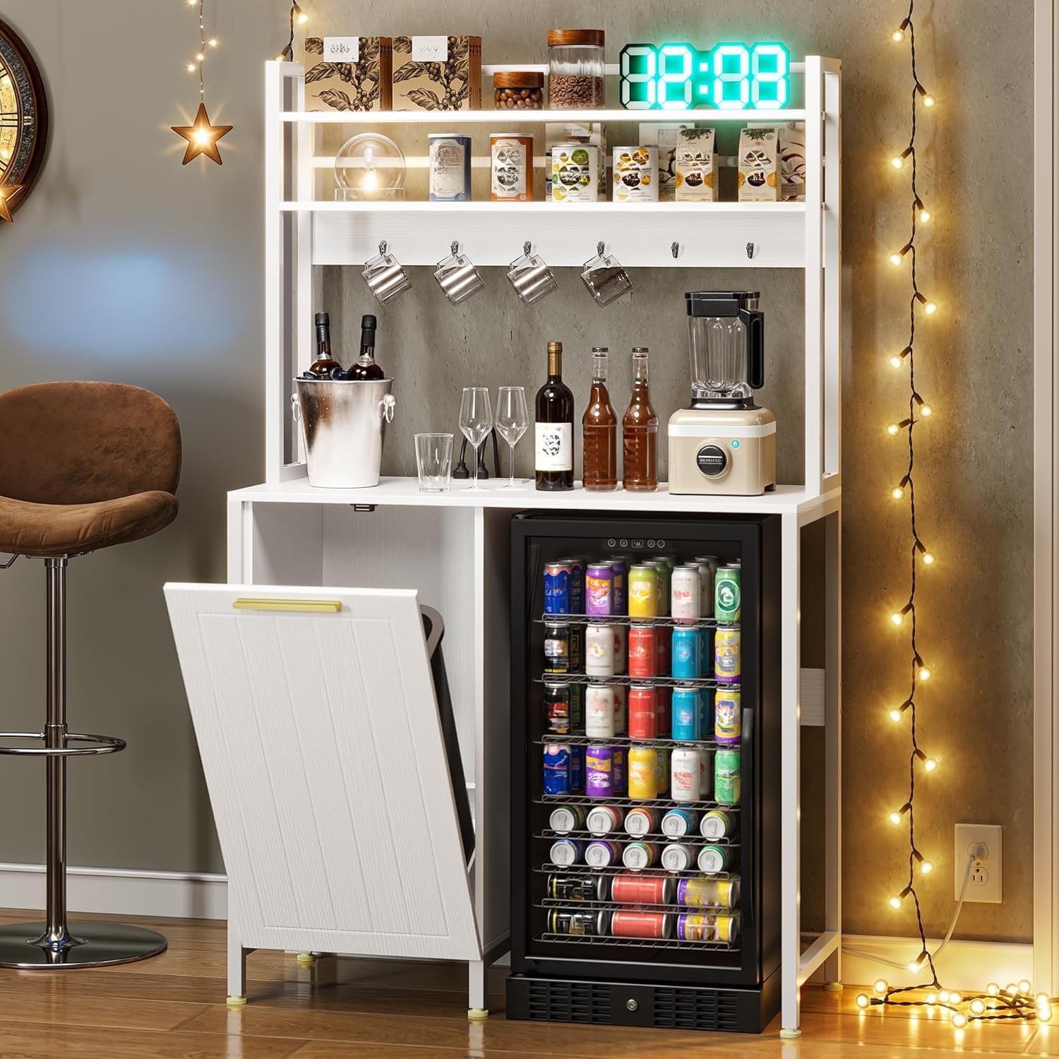 DWVO 63' Tall 39.4' Wide Fridge Stand with Tilt Out Trash Can Fit 10 Gallon,Storage Bakers, Kitchen Rack with Power Outlets Freestadning Coffee Bar Cabinet 3-Tiers Coffee Stand Station White