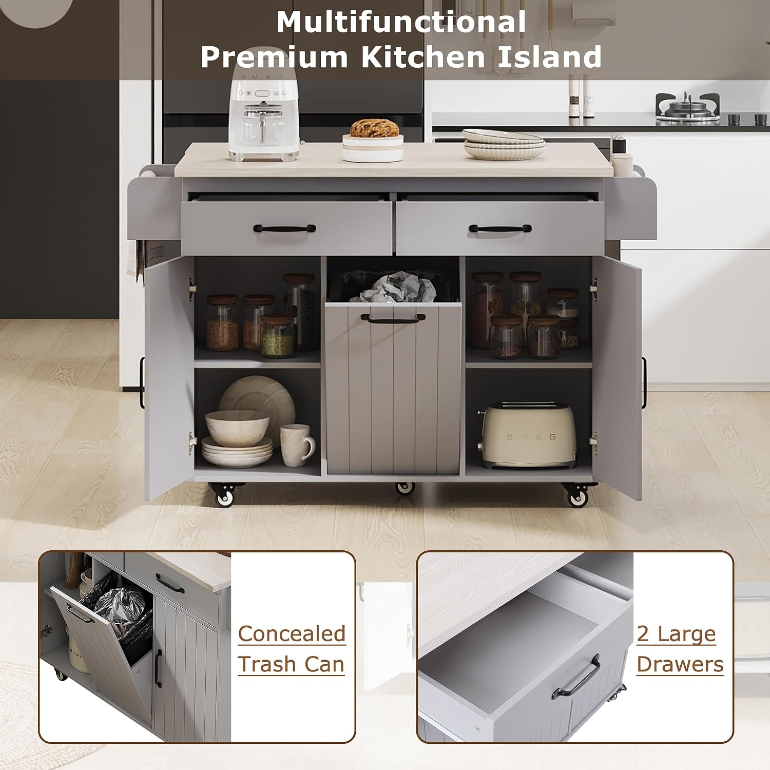 Farmhouse Kitchen Island with Trash Can Storage Cabinet, Kitchen Cart with Drop Leaf, Spice Rack, Towel Rack and Drawer, Rolling Kitchen Island on Wheels with Adjustable Shelf (Grey1)