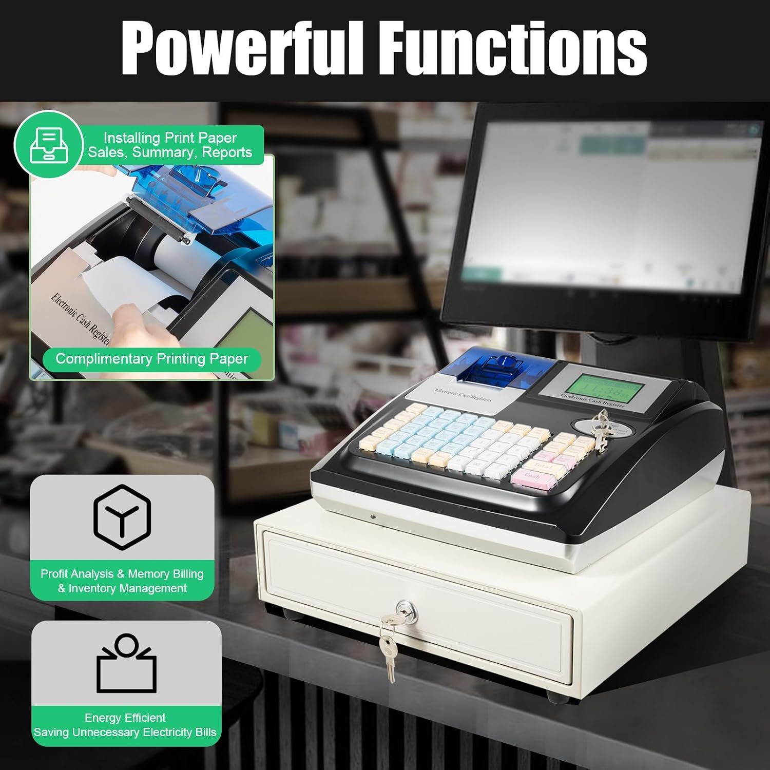 Bepritm 48 Keys Commercial Cash Register, Electronic Cashier Cash Register with Drawer Box&LED Display, Cash Management System for Small Businesses, Retailers, Supermarkets (Black)