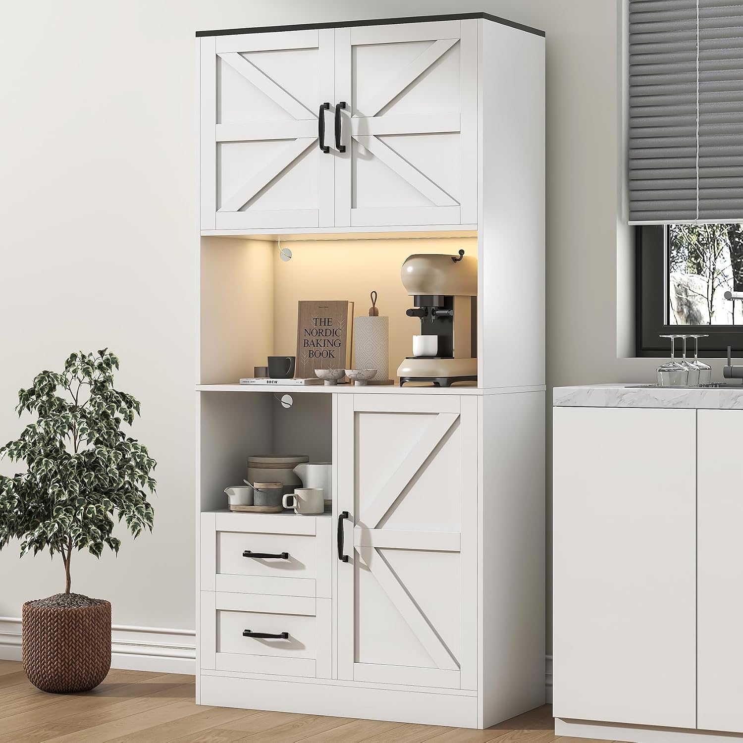 Kitchen Pantry Storage Cabinet with LED Lights and Power Strip, Tall Farmhouse Kitchen Pantry with Barn Doors and Drawers, Adjustable Shelves for Dining Living Room (White)