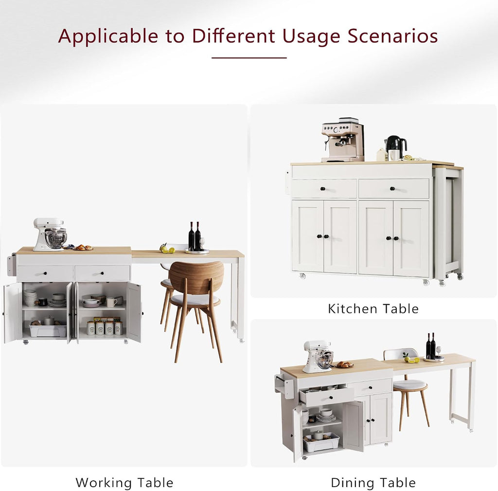 74.5 inch Kitchen Island with Extendable Dining Table, Rolling Kitchen Island on Wheels with Spice Rack and 2 Drawers, Kitchen Storage Cart with 4 Door Cabinet, for Kitchen, Dining Room (Off White/E)