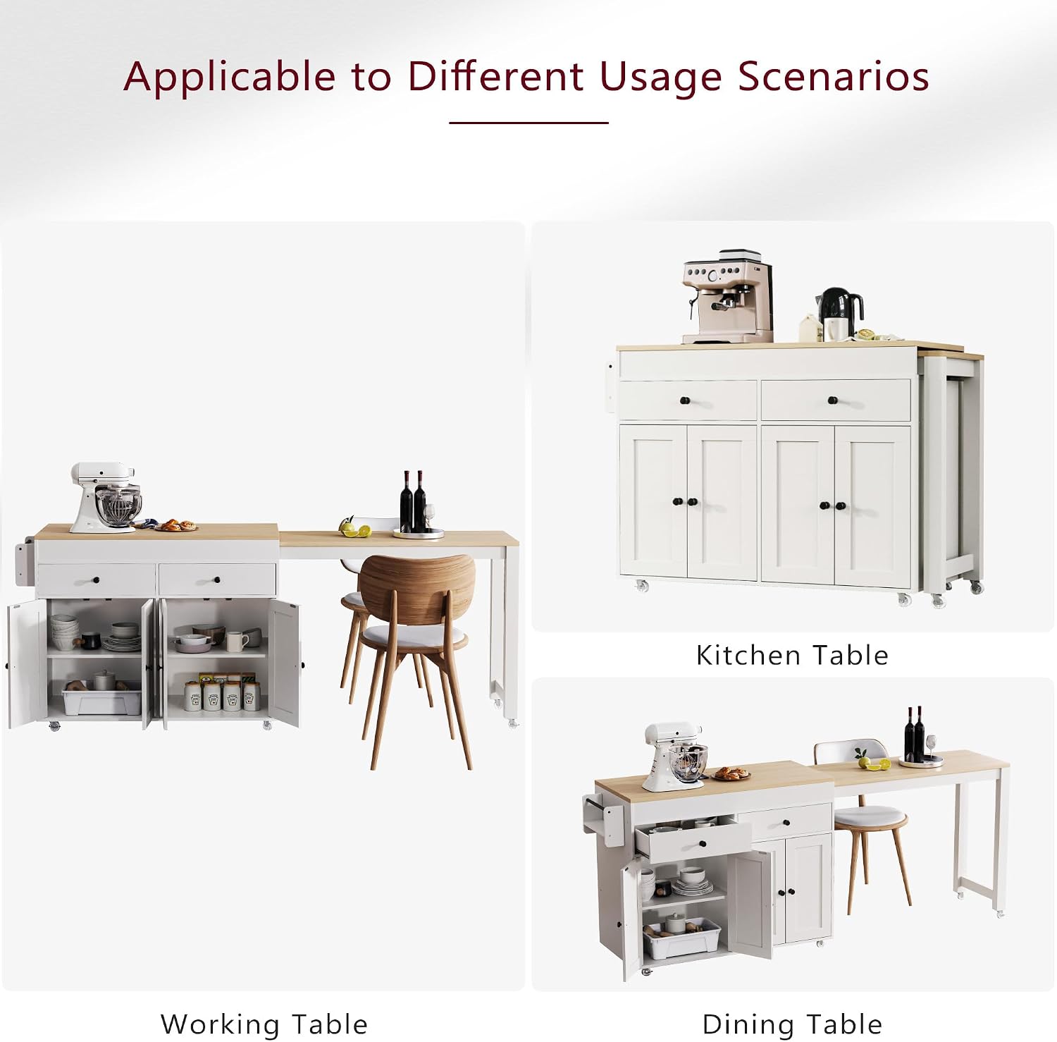 74.5 inch Kitchen Island with Extendable Dining Table, Rolling Kitchen Island on Wheels with Spice Rack and 2 Drawers, Kitchen Storage Cart with 4 Door Cabinet, for Kitchen, Dining Room (Off White/E)