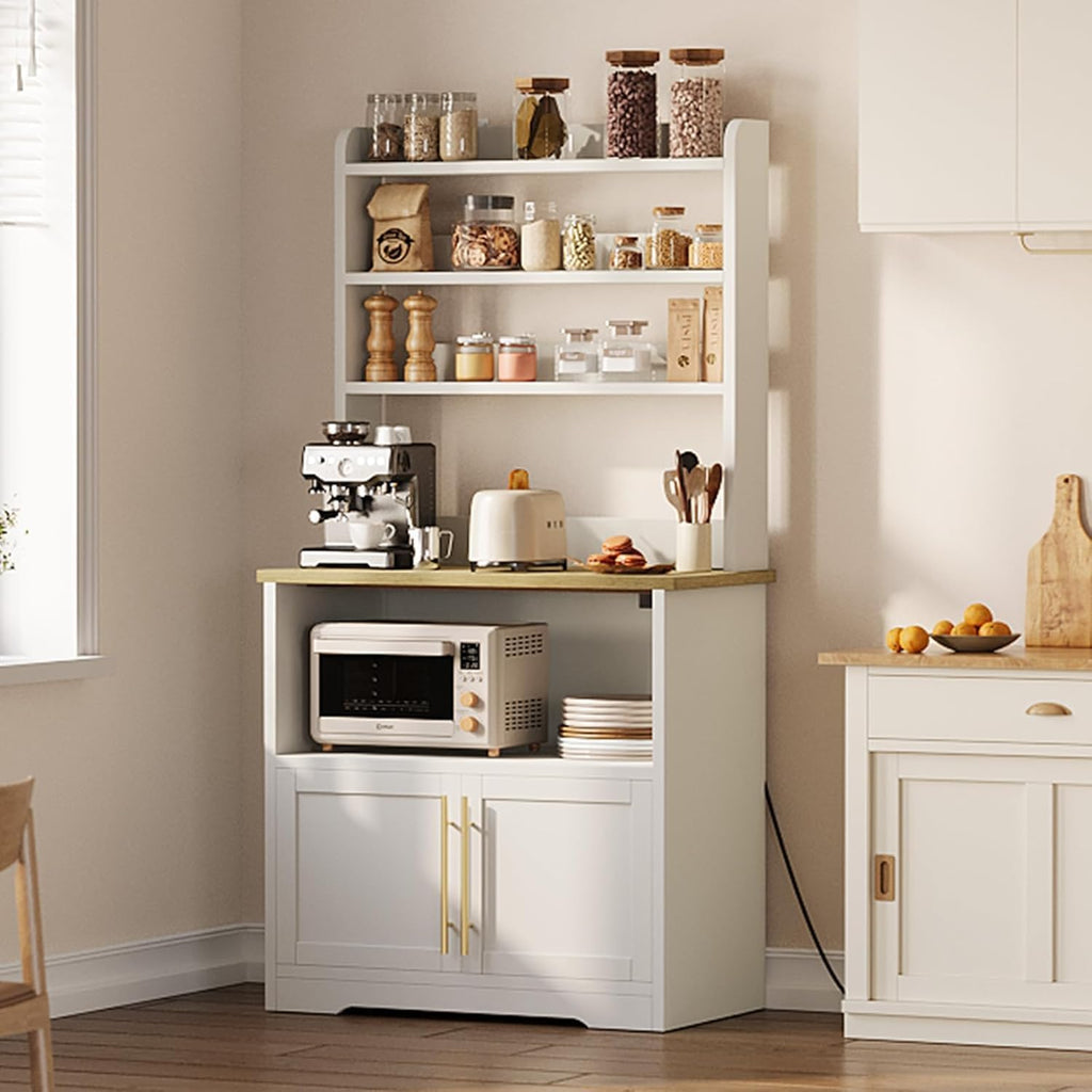 Tall Large Storage Cabinet Kitchen Microwave Stand with Storage, 4-Tier Bakers Rack with Power Outlet, Cupboard, Floor Cabinet for Living Room, Rustic White,